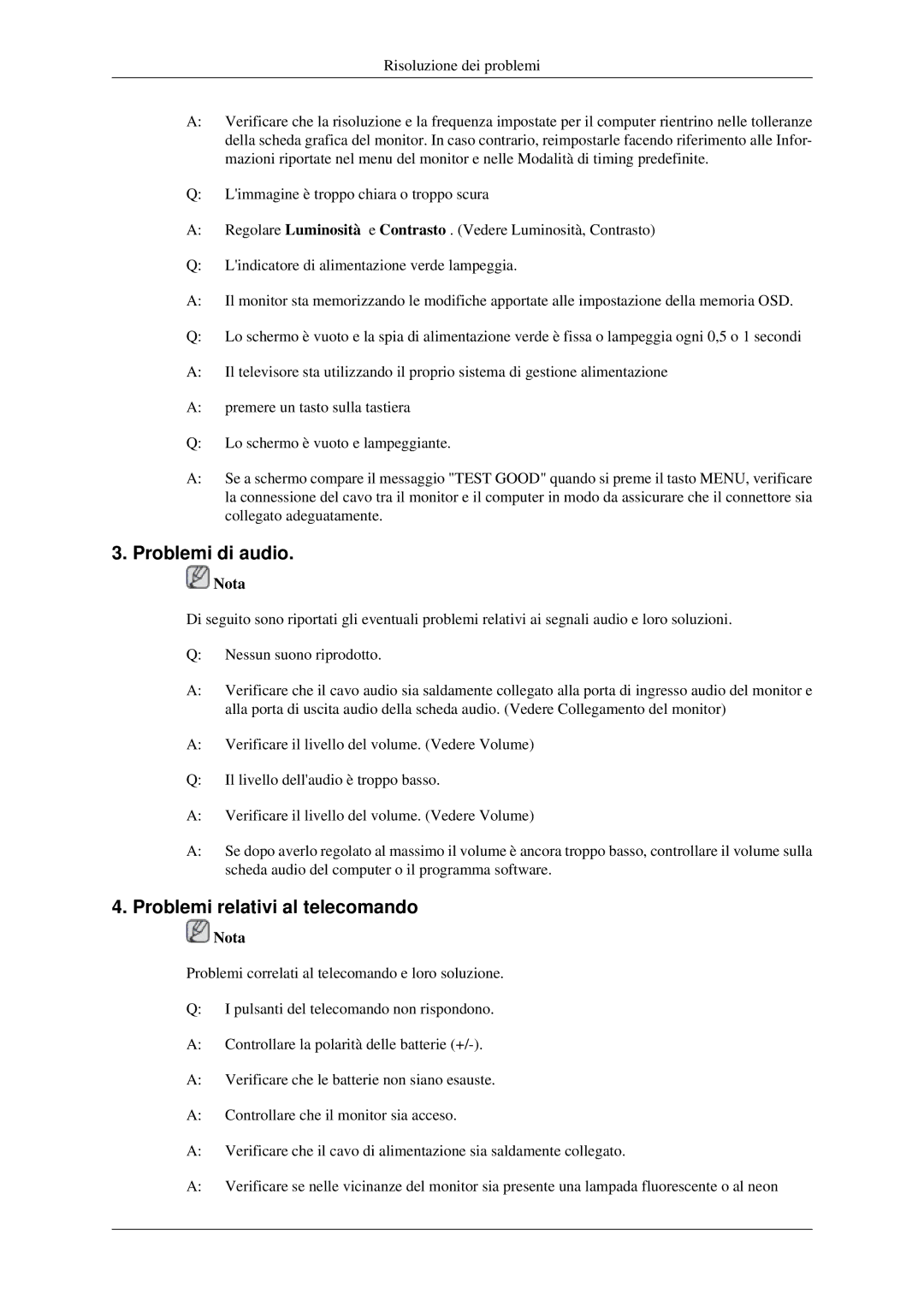 Samsung LS23CFVKF/EN, LS23CFEKF/EN manual Problemi di audio, Problemi relativi al telecomando 