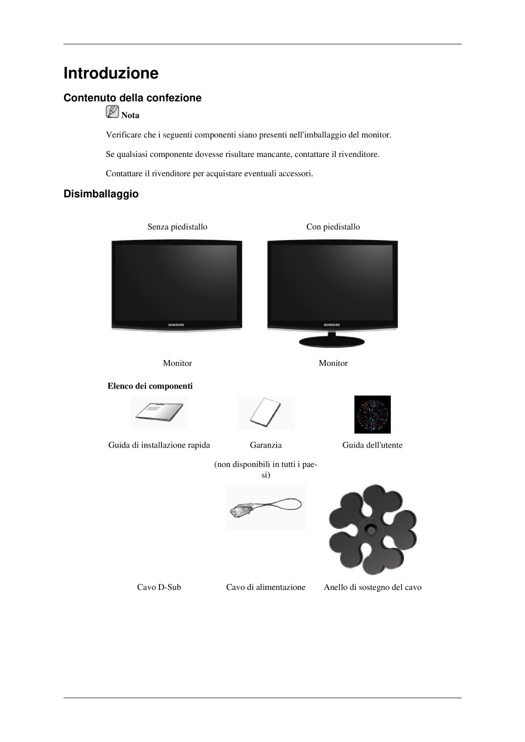 Samsung LS23CFEKF/EN, LS23CFVKF/EN manual Introduzione, Contenuto della confezione, Disimballaggio, Elenco dei componenti 