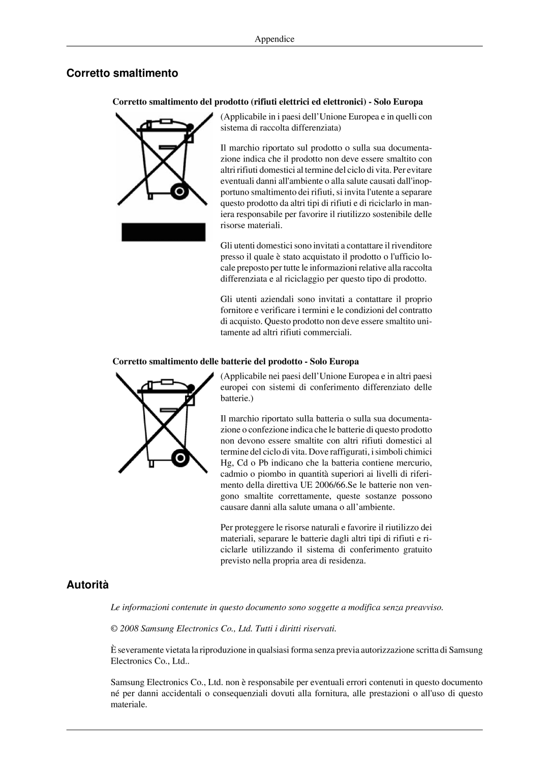 Samsung LS23CFEKF/EN, LS23CFVKF/EN manual Corretto smaltimento, Autorità 