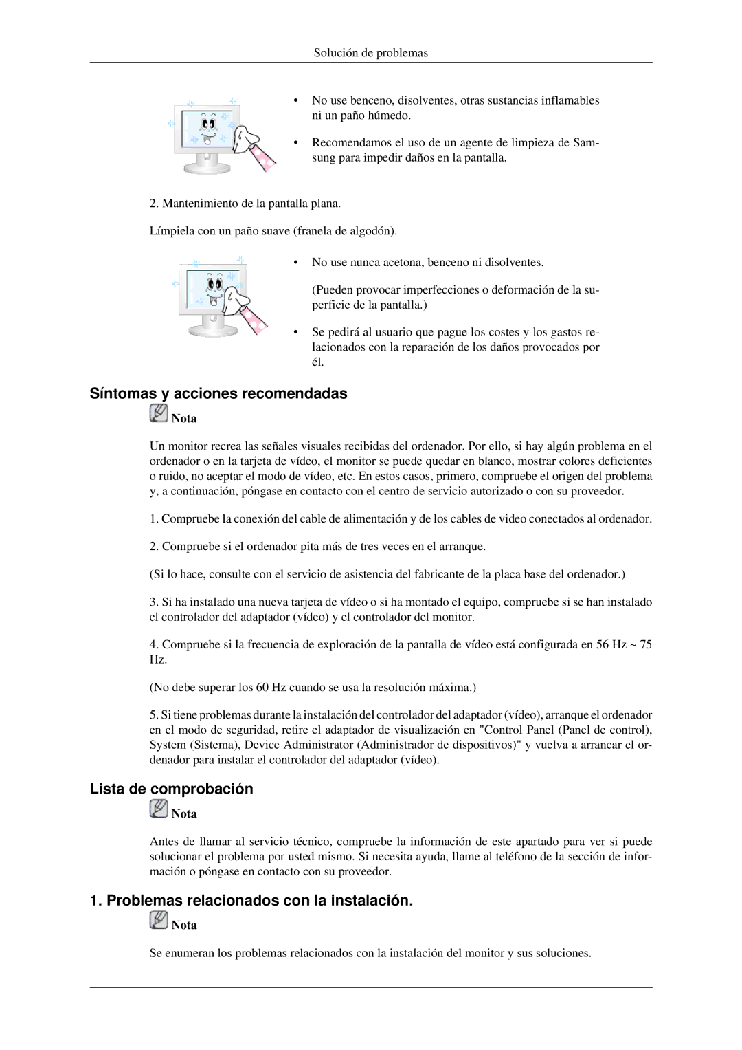 Samsung LS23CFVKF/EN Síntomas y acciones recomendadas, Lista de comprobación, Problemas relacionados con la instalación 