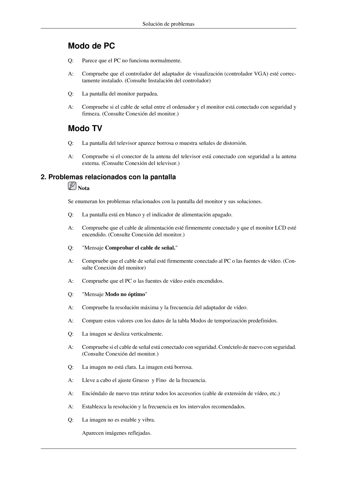 Samsung LS23CFEKF/EN Problemas relacionados con la pantalla, Mensaje Comprobar el cable de señal, Mensaje Modo no óptimo 