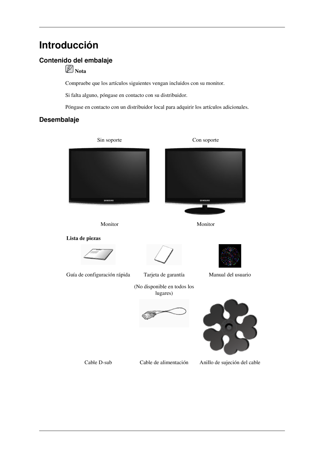 Samsung LS23CFEKF/EN, LS23CFVKF/EN manual Introducción, Contenido del embalaje, Desembalaje, Lista de piezas 