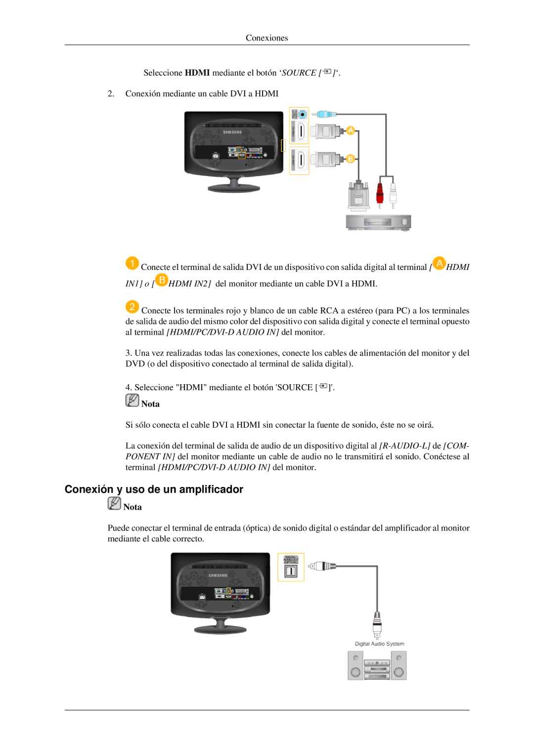 Samsung LS23CFEKF/EN, LS23CFVKF/EN manual Conexión y uso de un amplificador 