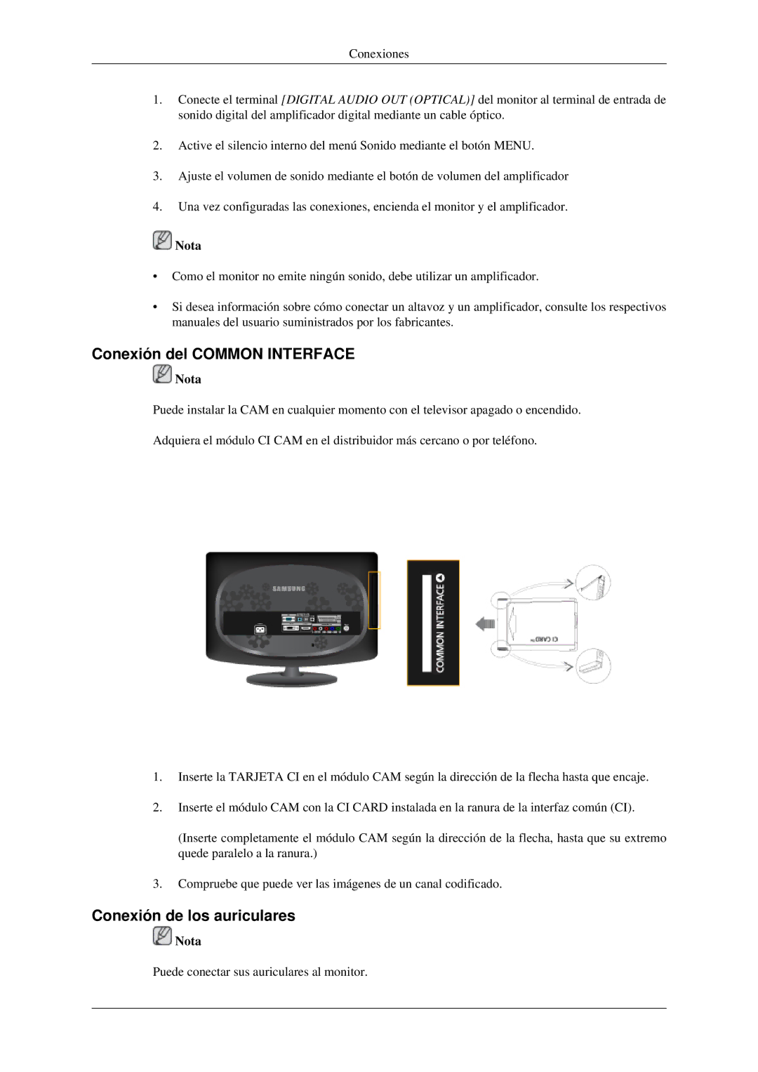 Samsung LS23CFVKF/EN, LS23CFEKF/EN manual Conexión del Common Interface, Conexión de los auriculares 