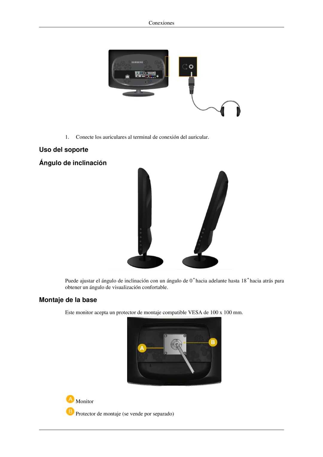 Samsung LS23CFEKF/EN, LS23CFVKF/EN manual Uso del soporte Ángulo de inclinación, Montaje de la base 