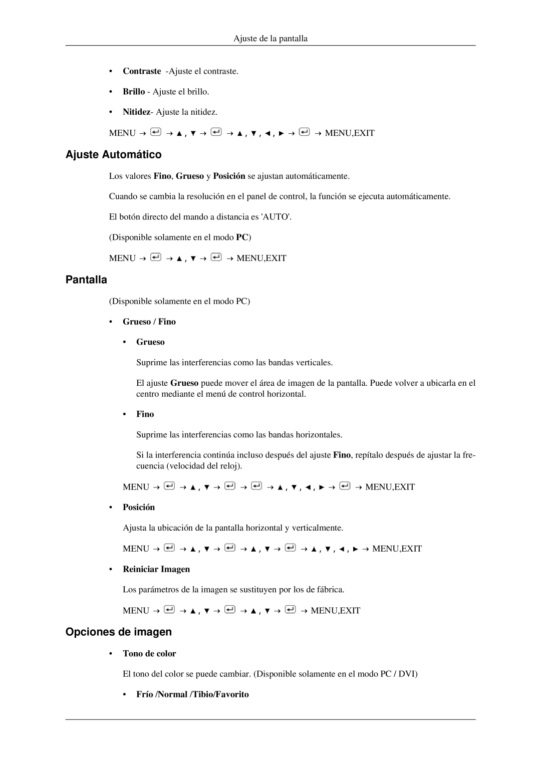 Samsung LS23CFVKF/EN, LS23CFEKF/EN manual Ajuste Automático, Pantalla, Opciones de imagen 