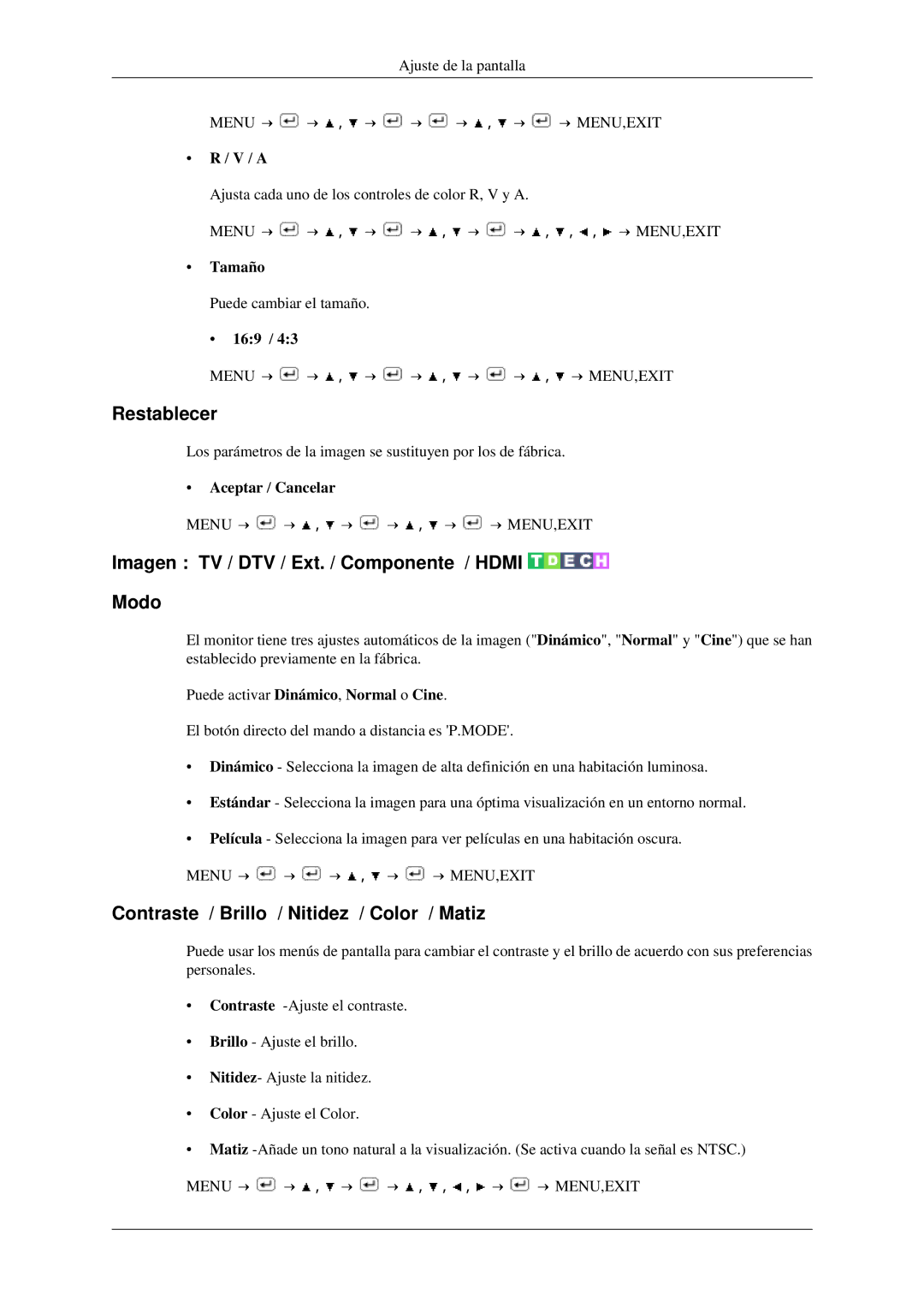 Samsung LS23CFEKF/EN, LS23CFVKF/EN manual Restablecer, Imagen TV / DTV / Ext. / Componente / Hdmi Modo 