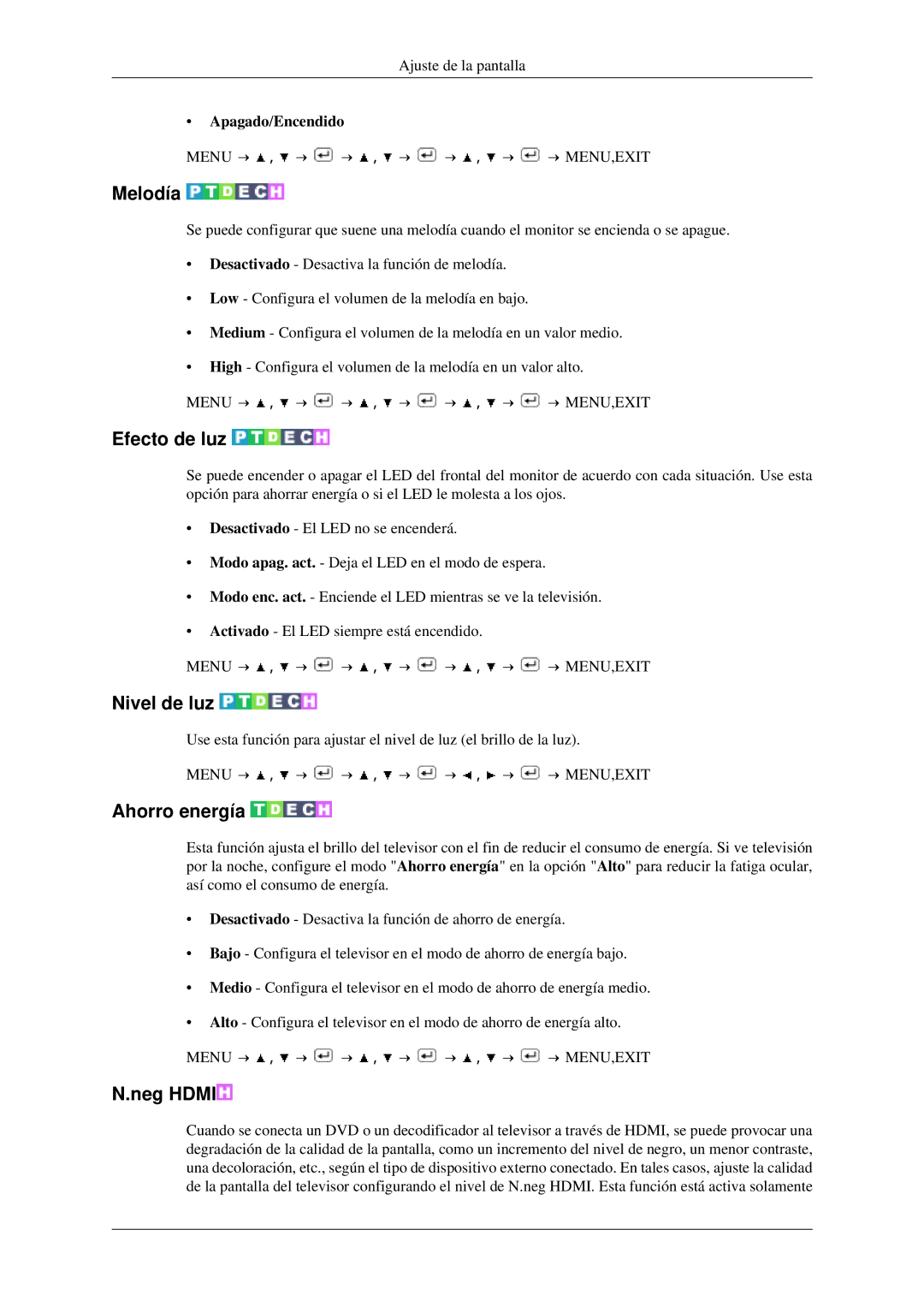 Samsung LS23CFVKF/EN, LS23CFEKF/EN manual Melodía, Efecto de luz, Nivel de luz, Ahorro energía, Neg Hdmi 