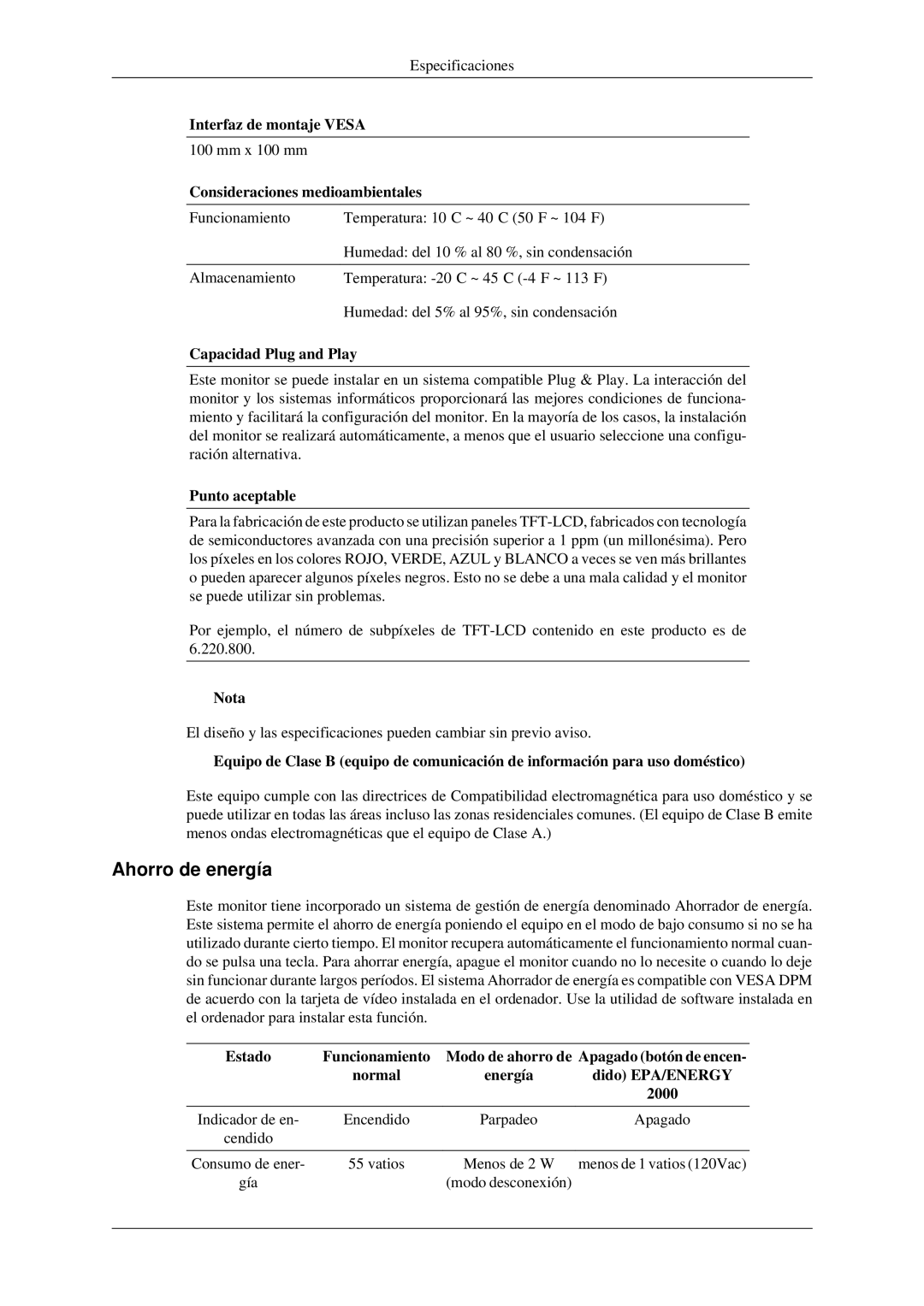 Samsung LS23CFVKF/EN manual Ahorro de energía, Interfaz de montaje Vesa, Consideraciones medioambientales, Punto aceptable 