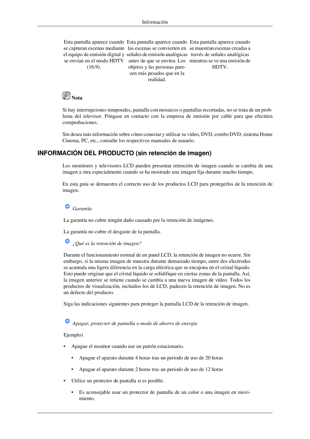 Samsung LS23CFVKF/EN, LS23CFEKF/EN manual Información DEL Producto sin retención de imagen, Garantía 