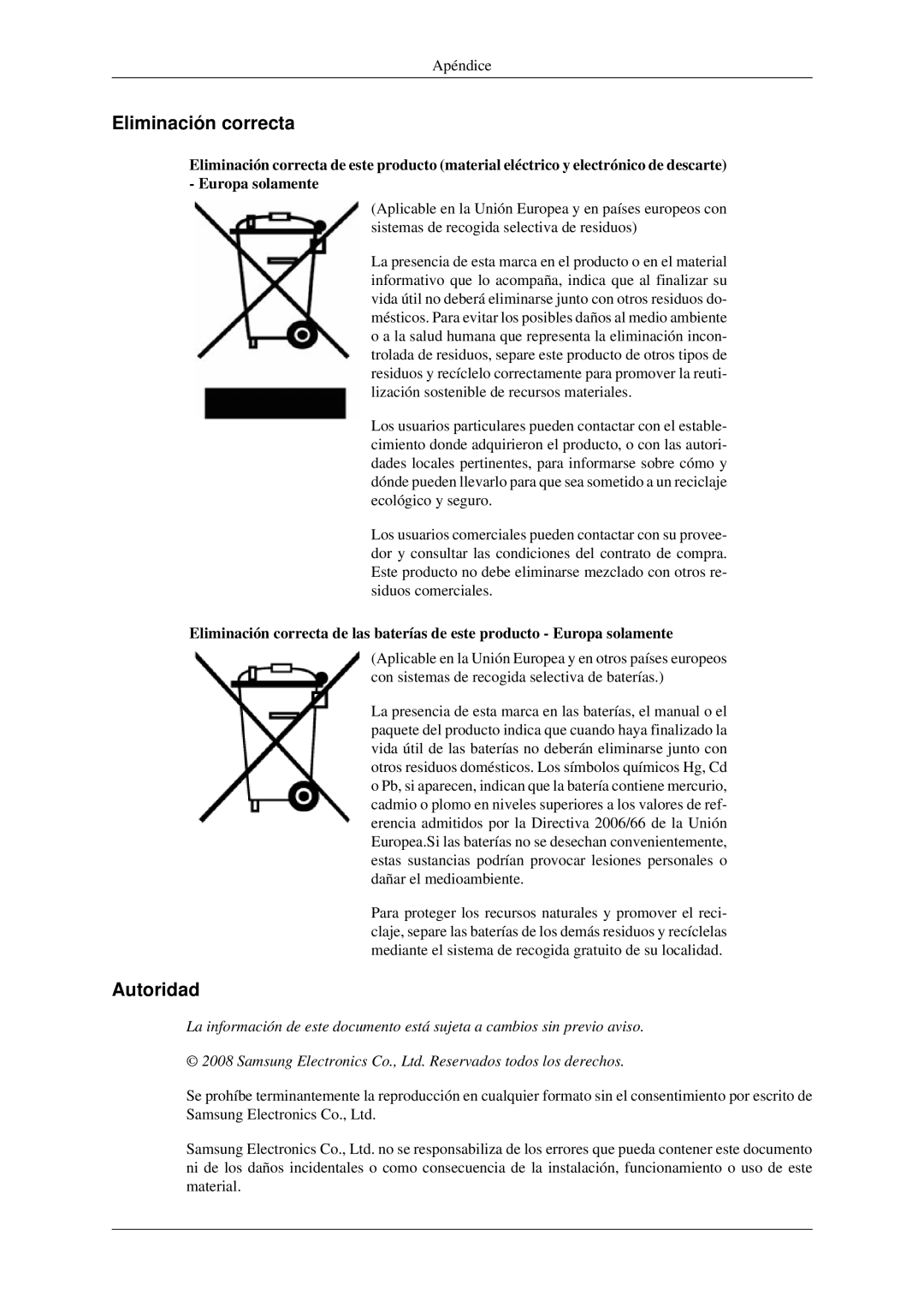 Samsung LS23CFEKF/EN, LS23CFVKF/EN manual Eliminación correcta, Autoridad 