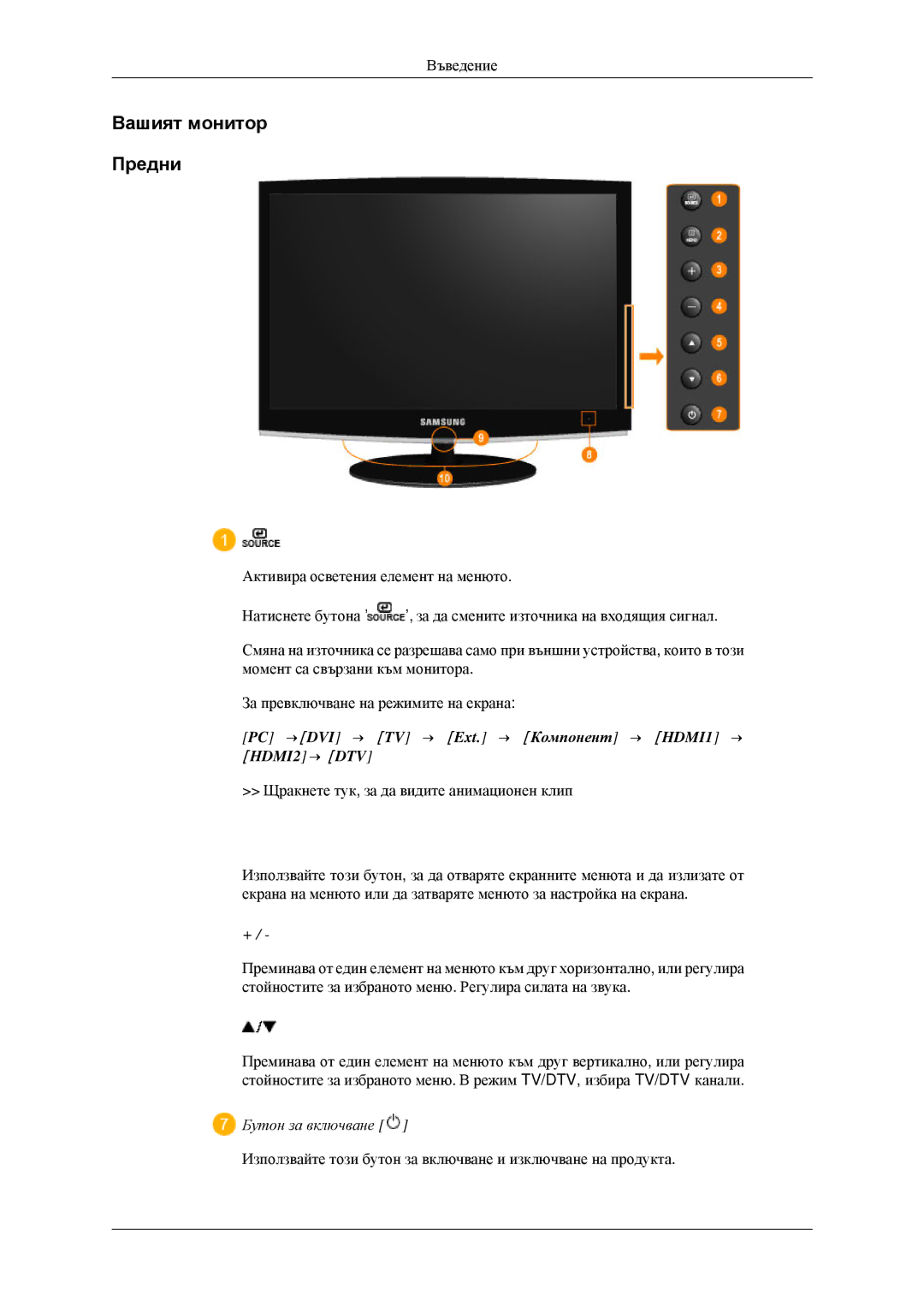 Samsung LS23CFEKF/EN, LS23CFVKF/EN manual Вашият монитор Предни, PC →DVI → TV → Ext. → Компонент → HDMI1 → HDMI2→ DTV 