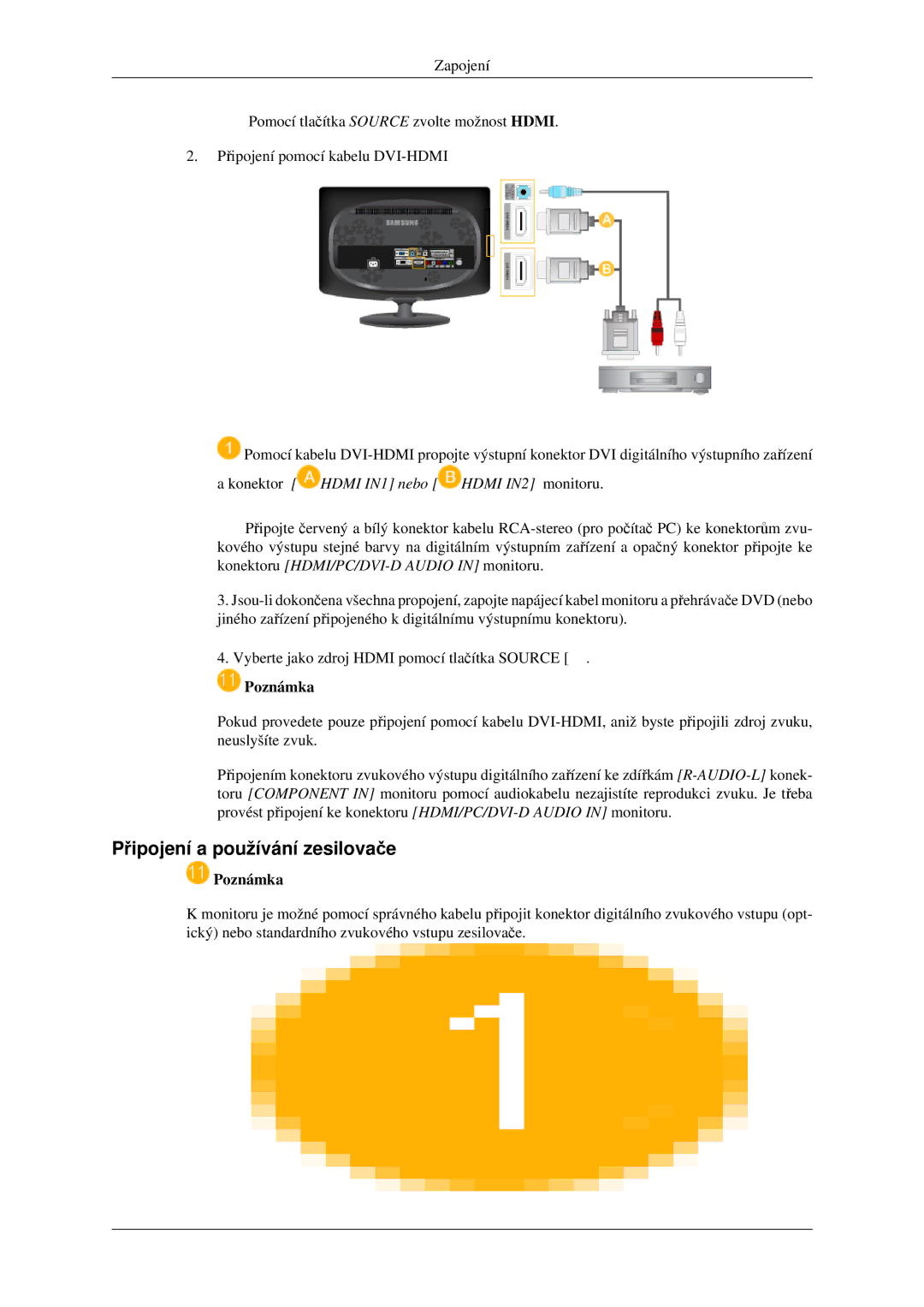 Samsung LS23CFEKF/EN, LS23CFVKF/EN manual Připojení a používání zesilovače, Konektor Hdmi IN1 nebo Hdmi IN2 monitoru 