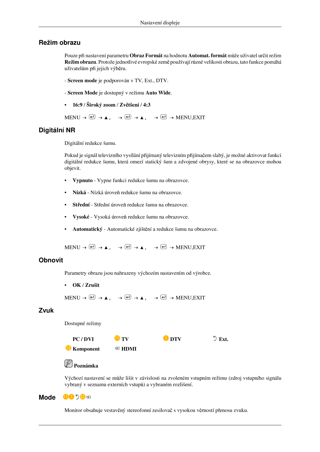 Samsung LS23CFVKF/EN, LS23CFEKF/EN manual Režim obrazu, Digitální NR, Zvuk, 169 / Široký zoom / Zvětšení 