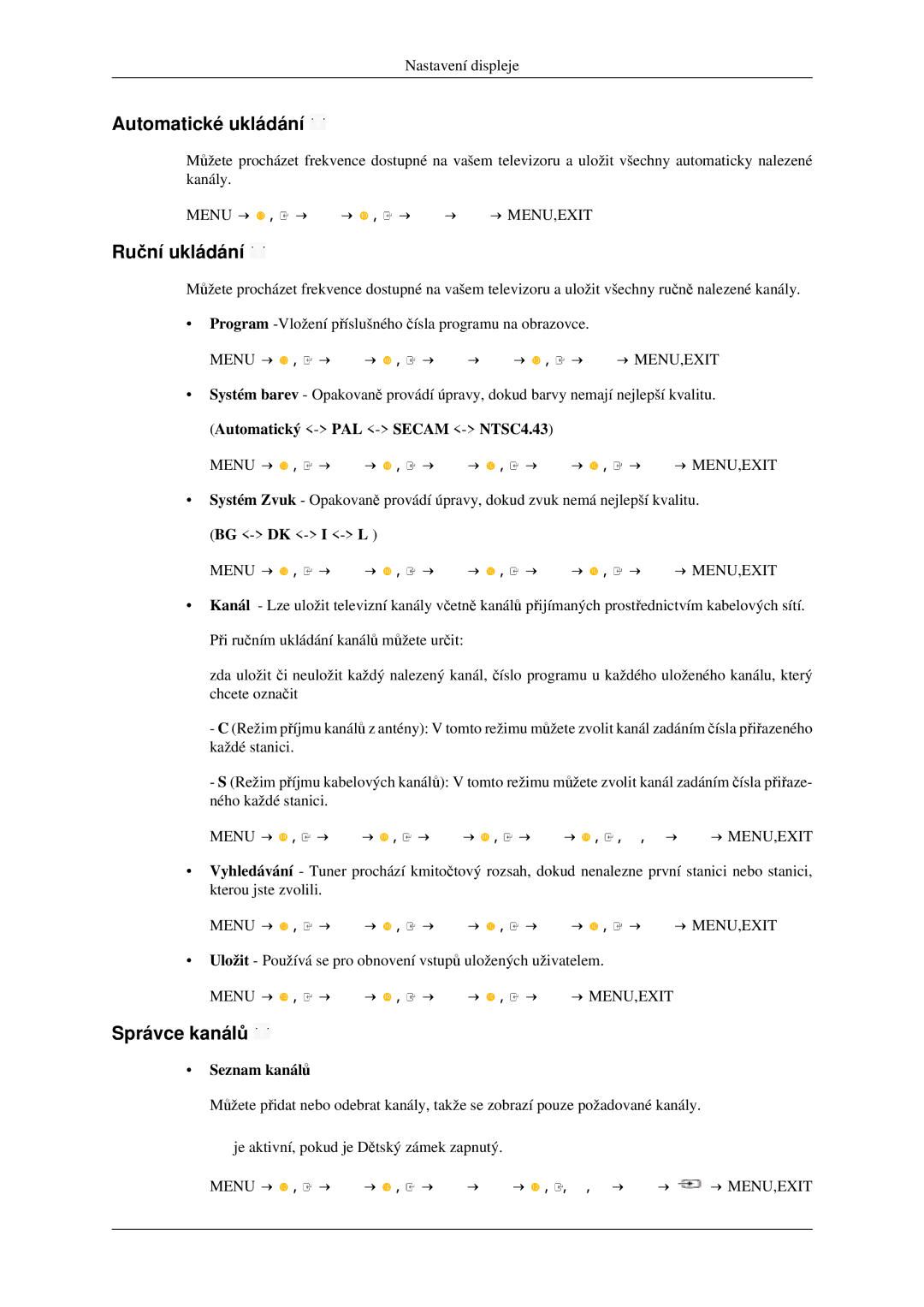 Samsung LS23CFVKF/EN, LS23CFEKF/EN manual Automatické ukládání, Ruční ukládání, Správce kanálů, Seznam kanálů 