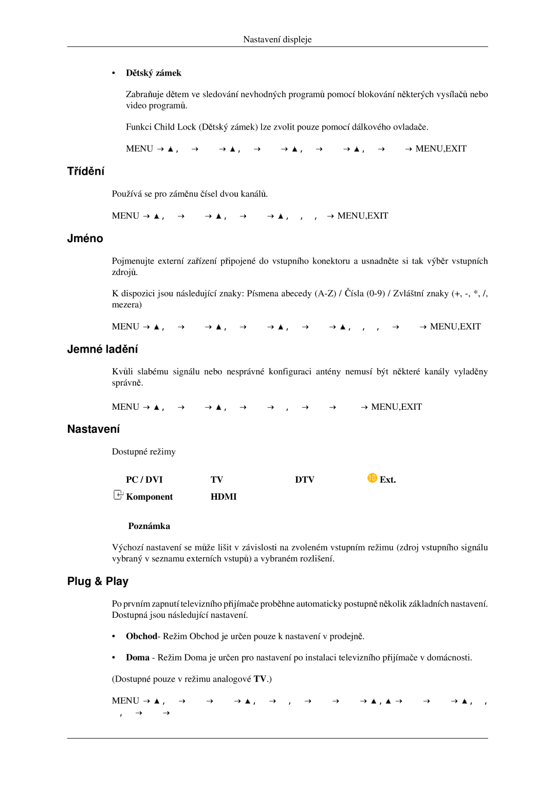 Samsung LS23CFEKF/EN, LS23CFVKF/EN manual Třídění, Jméno, Jemné ladění, Nastavení, Plug & Play 