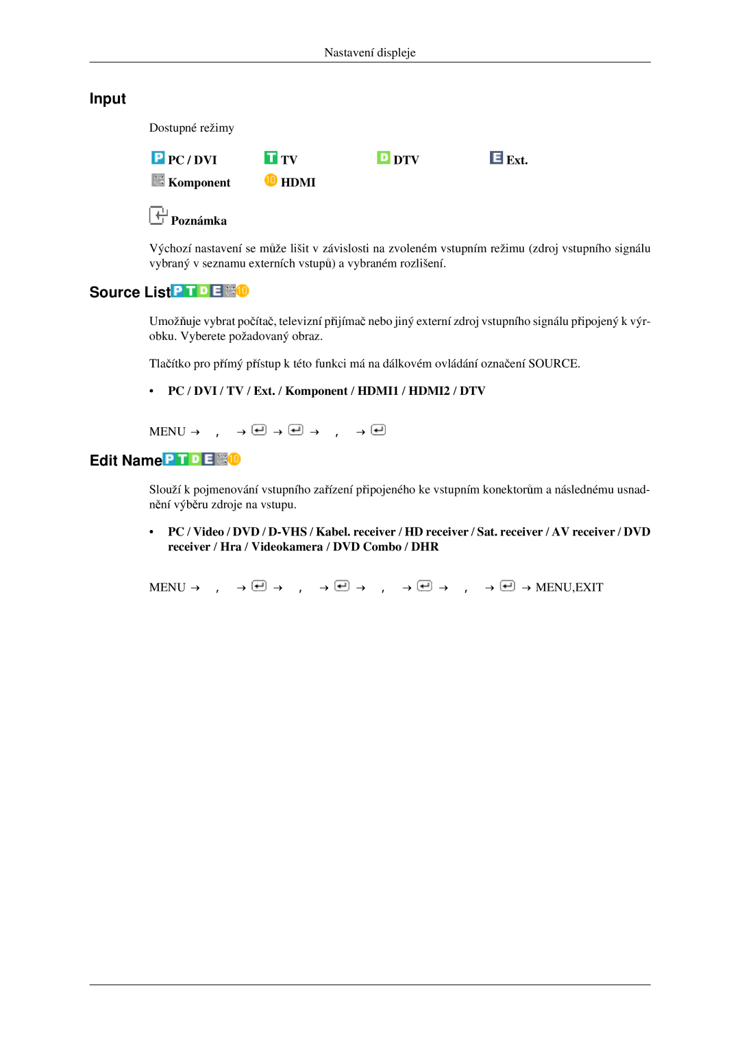 Samsung LS23CFVKF/EN, LS23CFEKF/EN Input, Source List, Edit Name, PC / DVI / TV / Ext. / Komponent / HDMI1 / HDMI2 / DTV 