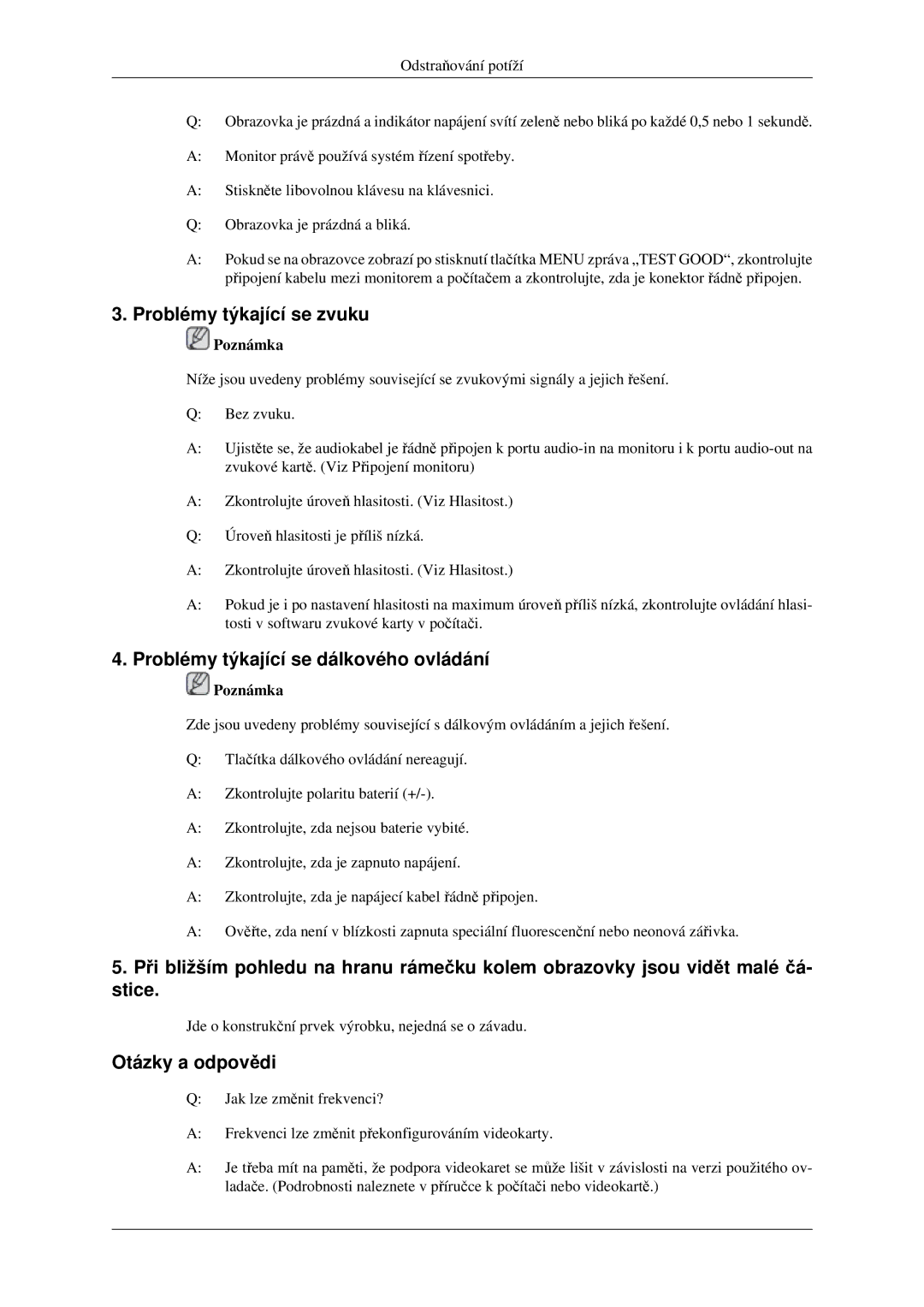 Samsung LS23CFVKF/EN, LS23CFEKF/EN Problémy týkající se zvuku, Problémy týkající se dálkového ovládání, Otázky a odpovědi 