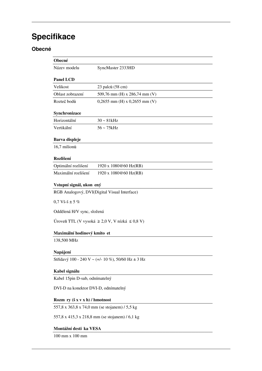 Samsung LS23CFEKF/EN, LS23CFVKF/EN manual Specifikace, Obecné 