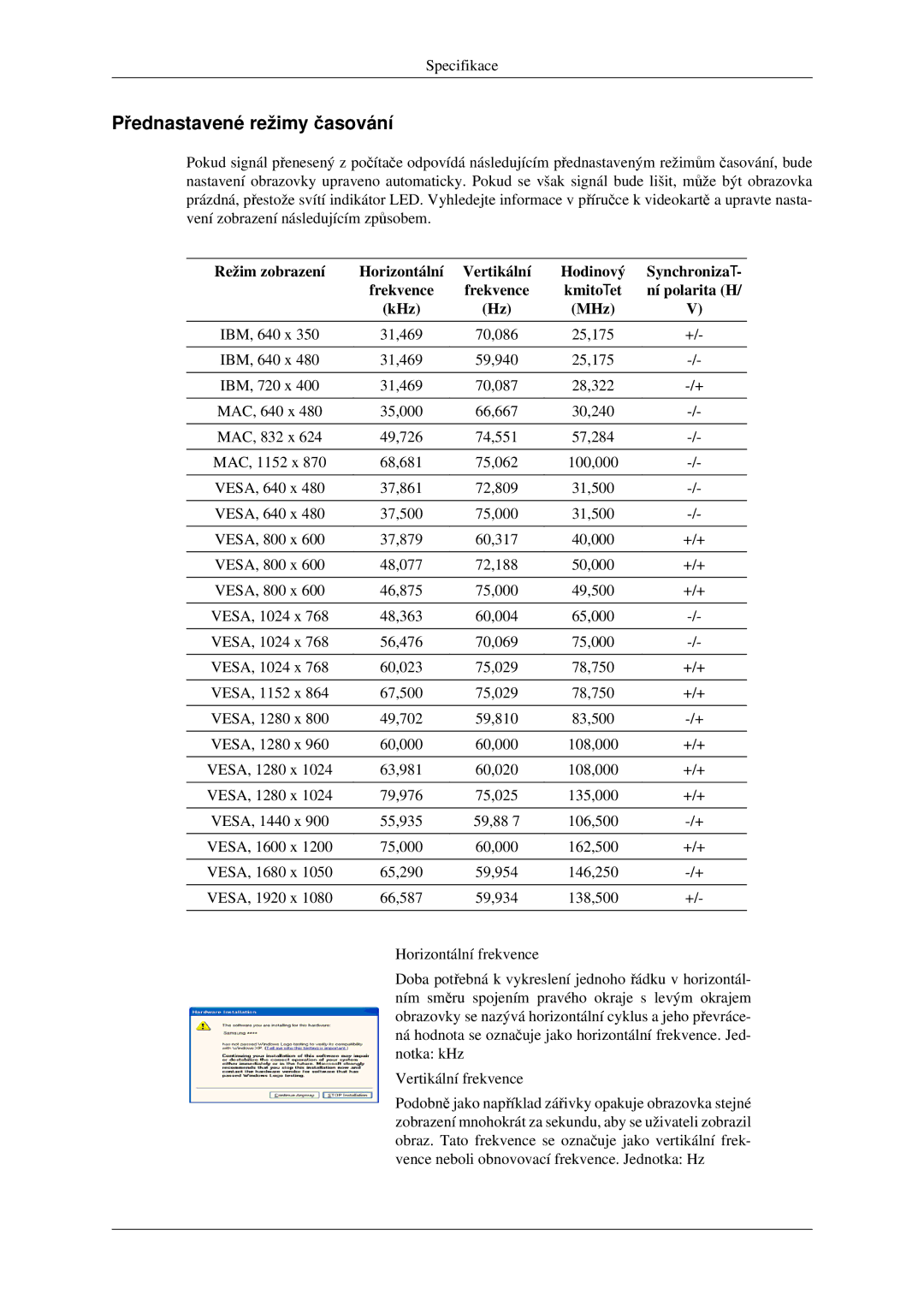 Samsung LS23CFEKF/EN, LS23CFVKF/EN manual Přednastavené režimy časování 