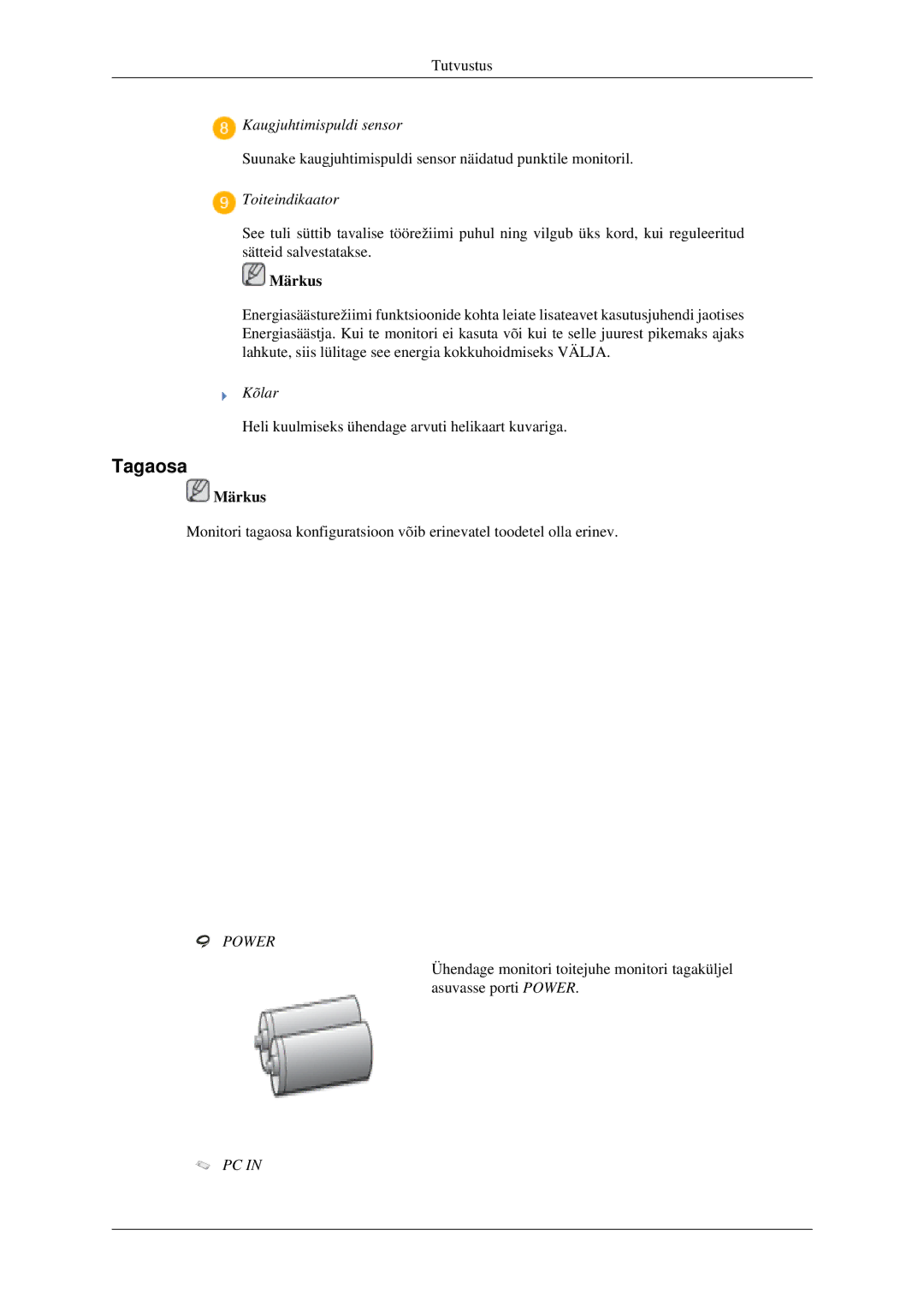 Samsung LS23CFVKF/EN, LS23CFEKF/EN manual Tagaosa, Toiteindikaator 