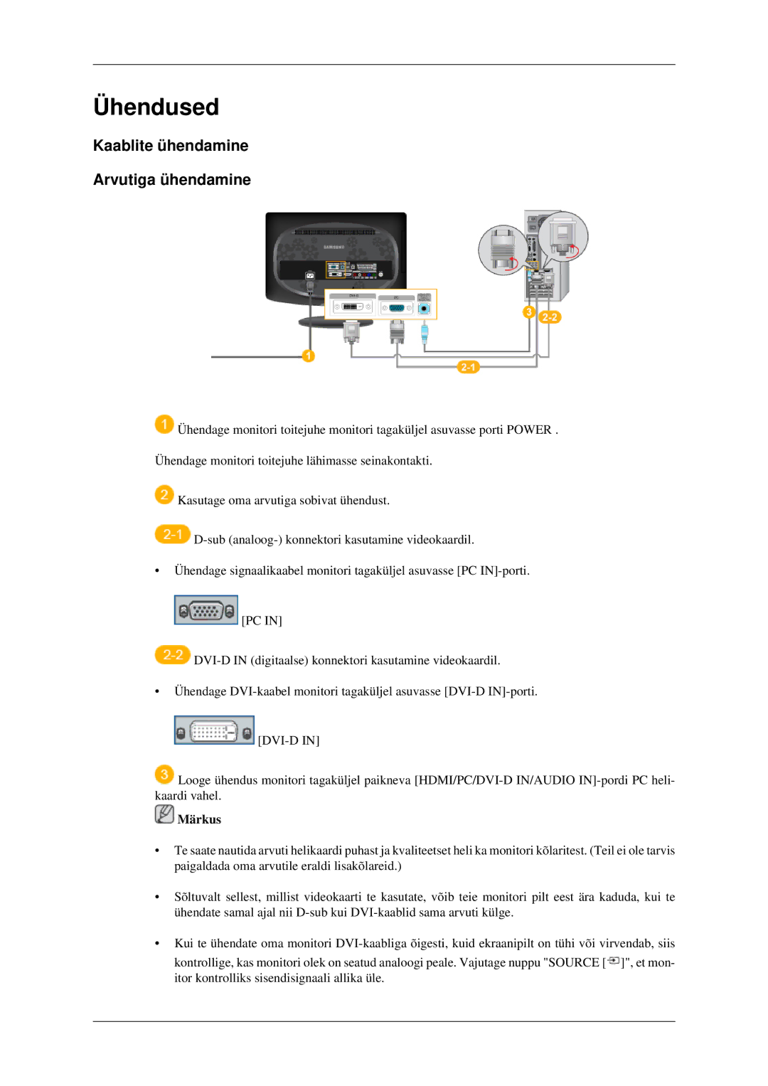 Samsung LS23CFEKF/EN, LS23CFVKF/EN manual Ühendused, Kaablite ühendamine Arvutiga ühendamine 