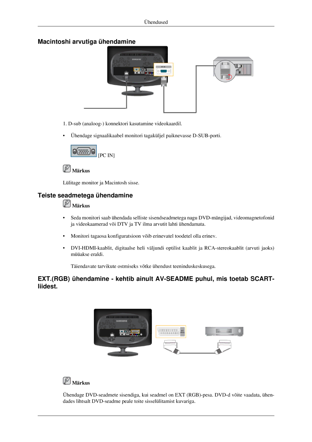 Samsung LS23CFVKF/EN, LS23CFEKF/EN manual Macintoshi arvutiga ühendamine, Teiste seadmetega ühendamine 