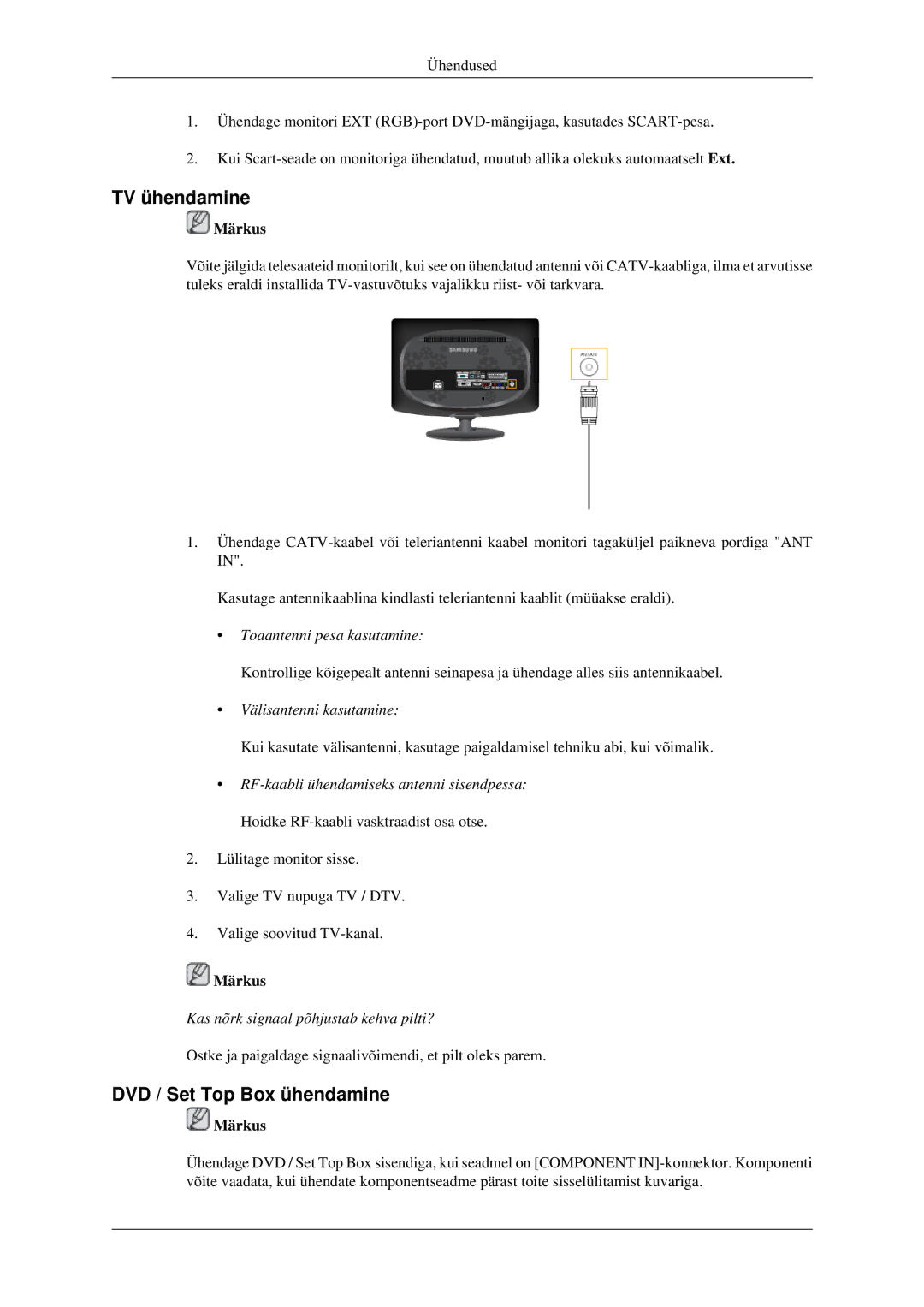 Samsung LS23CFEKF/EN, LS23CFVKF/EN manual TV ühendamine, DVD / Set Top Box ühendamine 