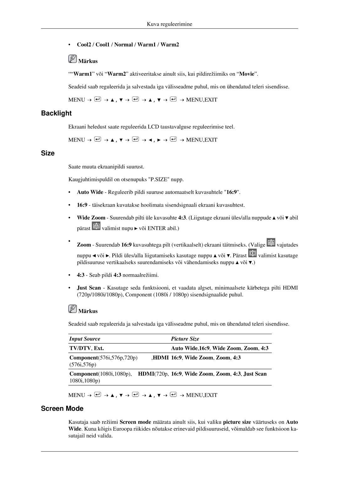 Samsung LS23CFEKF/EN, LS23CFVKF/EN manual Backlight, Size, Screen Mode, Cool2 / Cool1 / Normal / Warm1 / Warm2 Märkus 