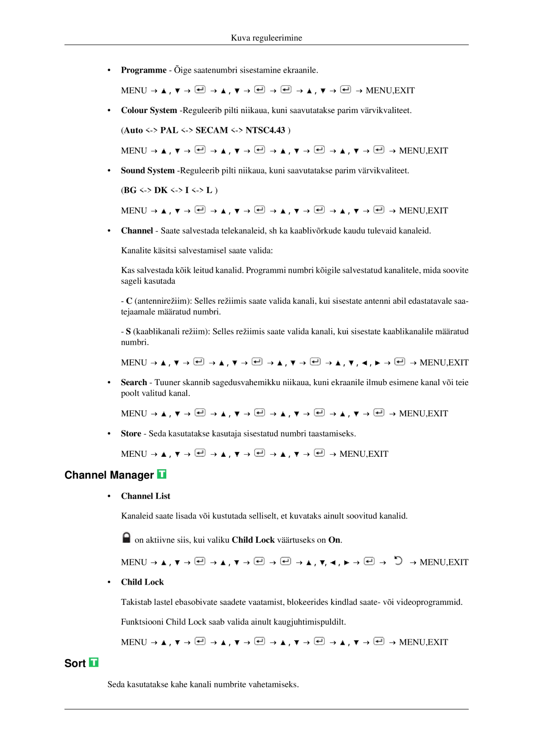 Samsung LS23CFVKF/EN, LS23CFEKF/EN manual Channel Manager, Sort, Channel List, Child Lock 