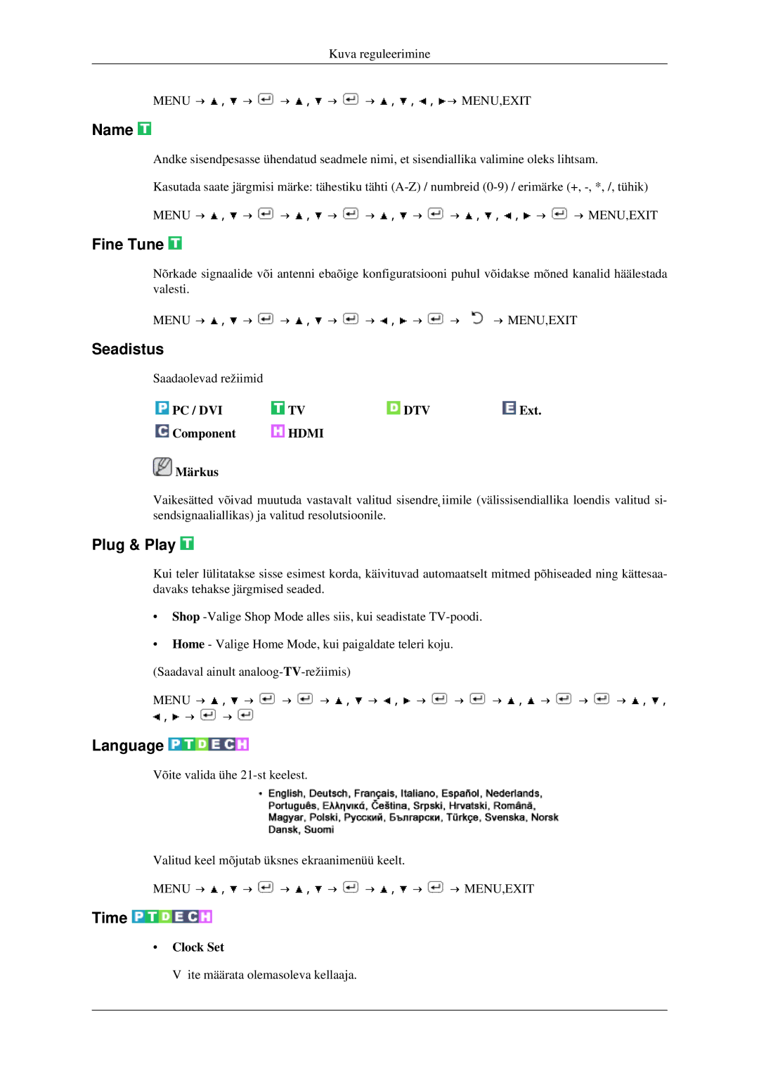 Samsung LS23CFEKF/EN, LS23CFVKF/EN manual Name, Fine Tune, Seadistus, Plug & Play, Language, Time 