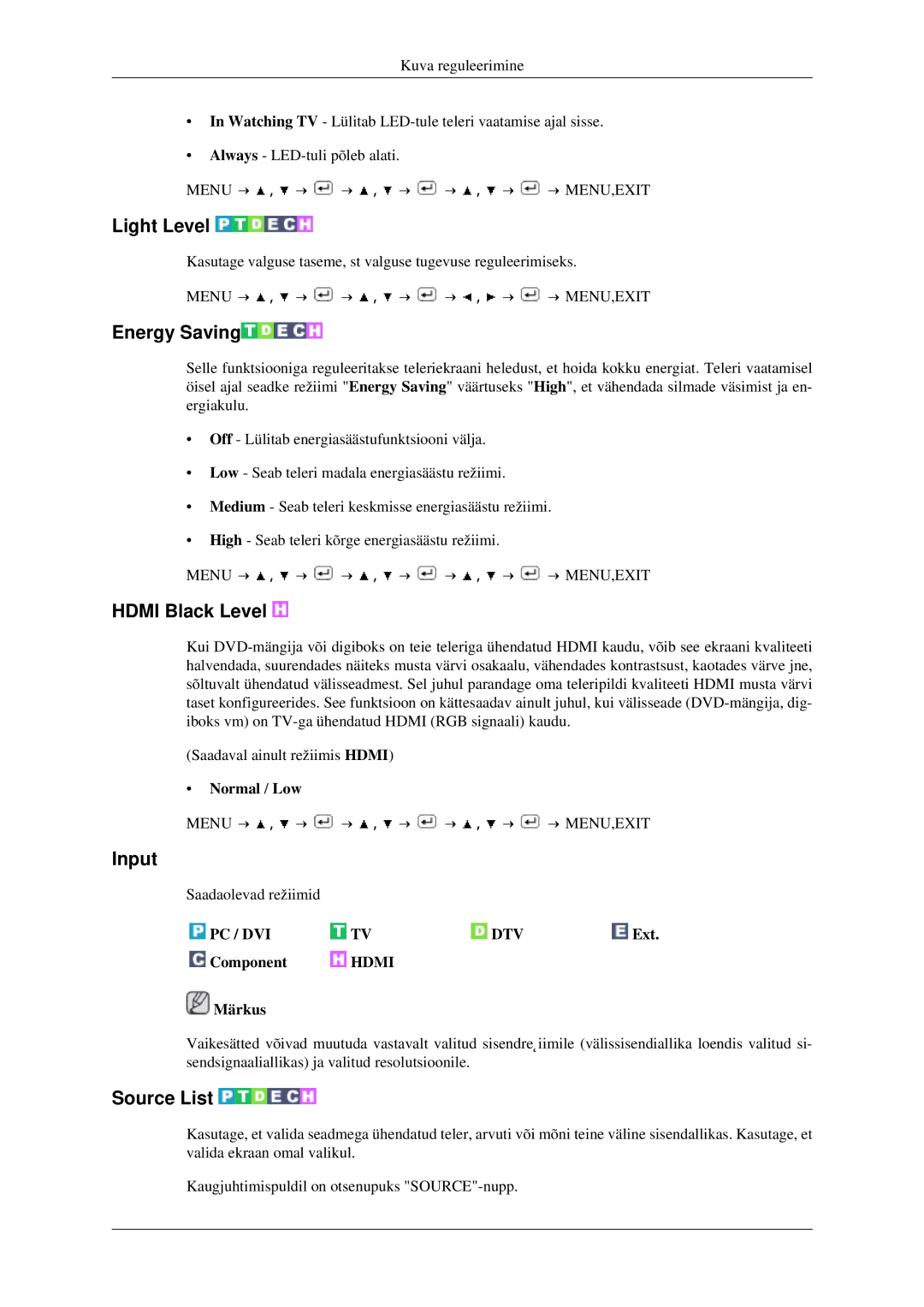 Samsung LS23CFEKF/EN, LS23CFVKF/EN manual Light Level, Energy Saving, Hdmi Black Level, Input, Source List 