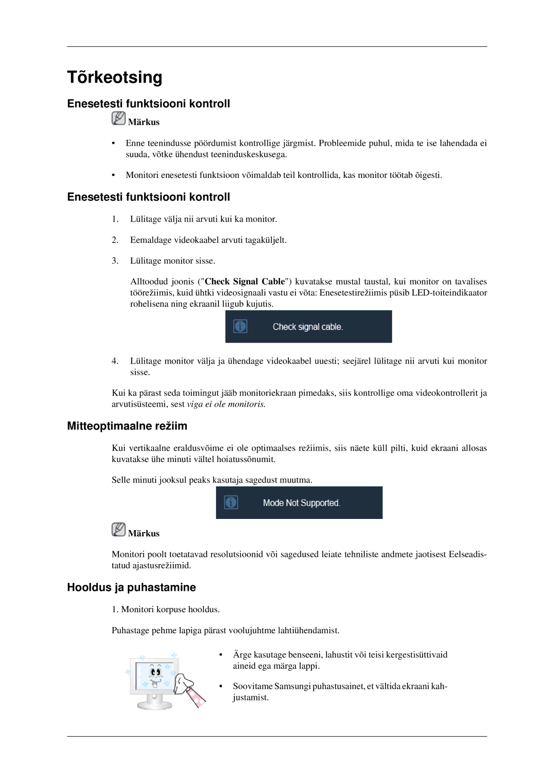 Samsung LS23CFEKF/EN manual Tõrkeotsing, Enesetesti funktsiooni kontroll, Mitteoptimaalne režiim, Hooldus ja puhastamine 