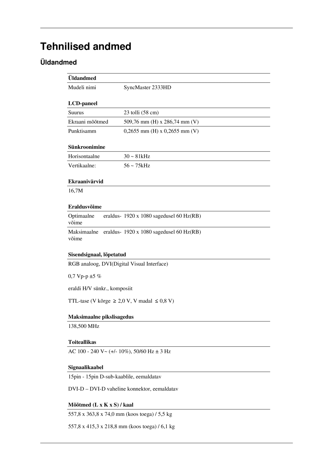 Samsung LS23CFEKF/EN, LS23CFVKF/EN manual Tehnilised andmed, Üldandmed 