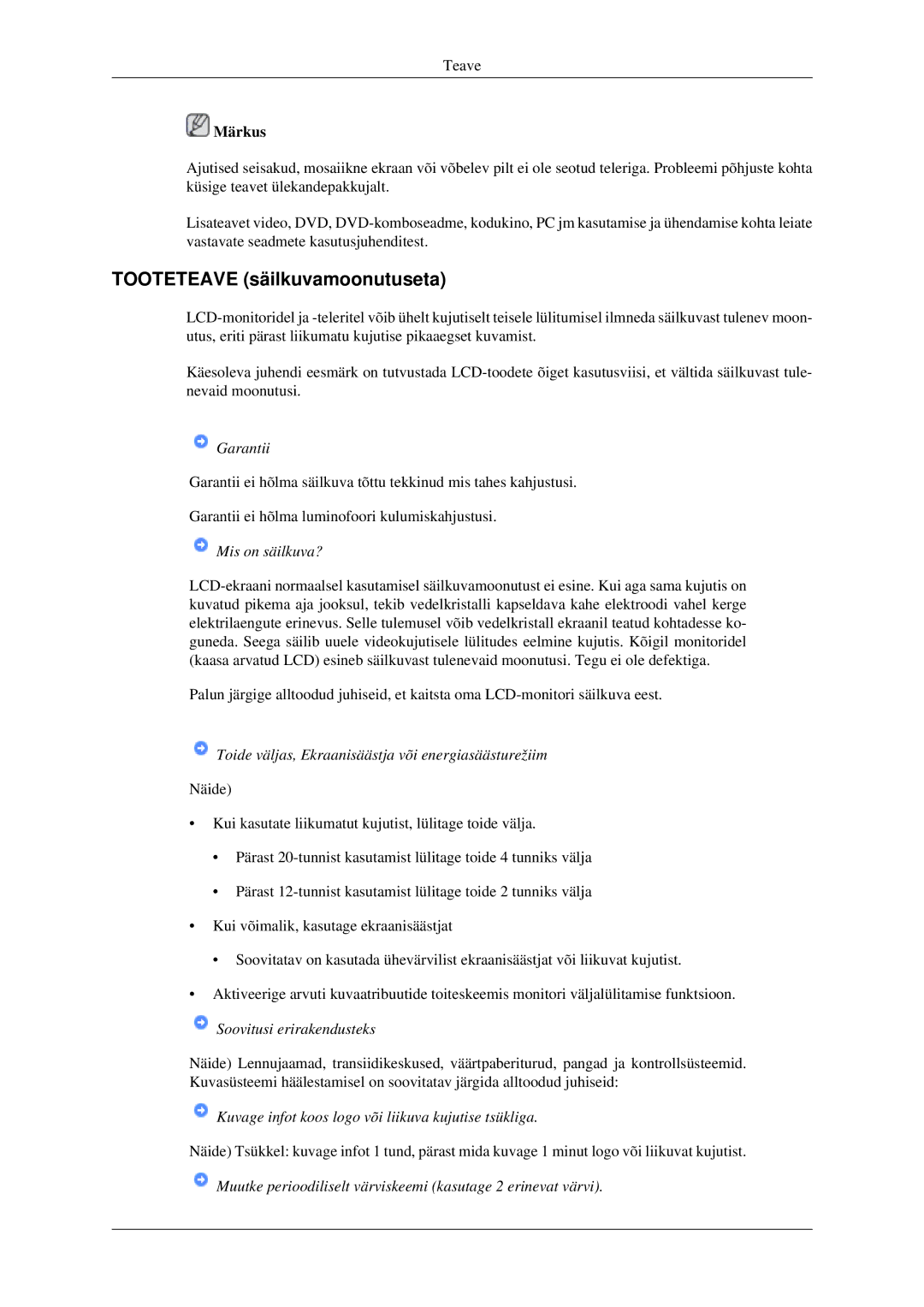 Samsung LS23CFVKF/EN, LS23CFEKF/EN manual Tooteteave säilkuvamoonutuseta, Garantii 