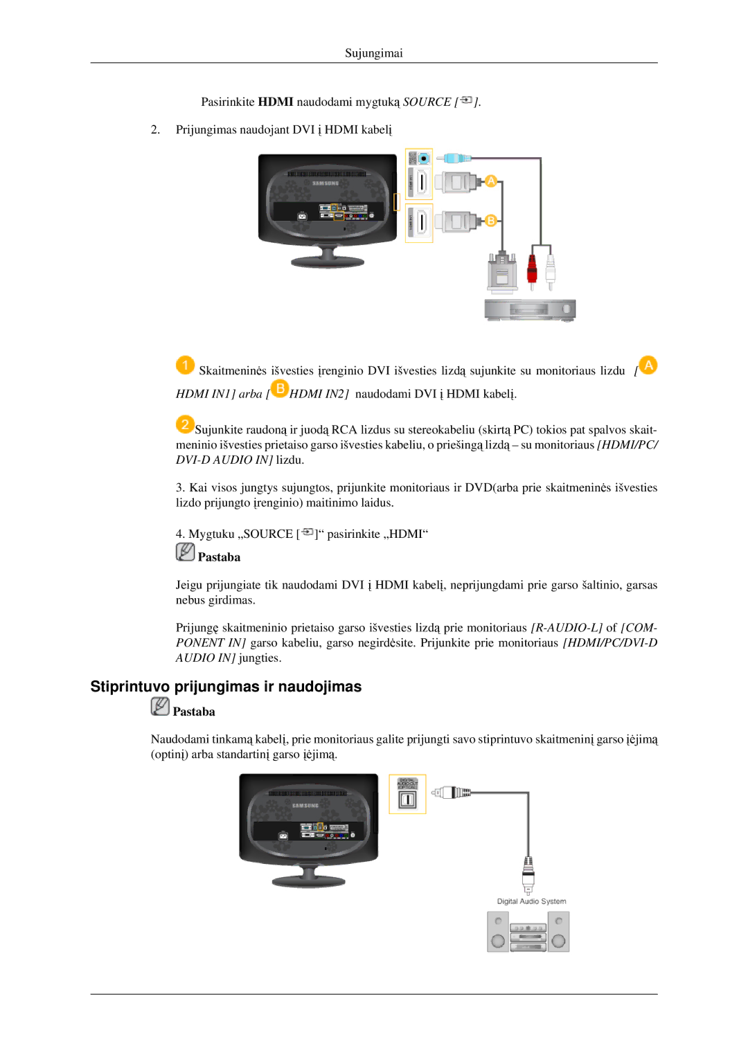 Samsung LS23CFEKF/EN, LS23CFVKF/EN manual Stiprintuvo prijungimas ir naudojimas 