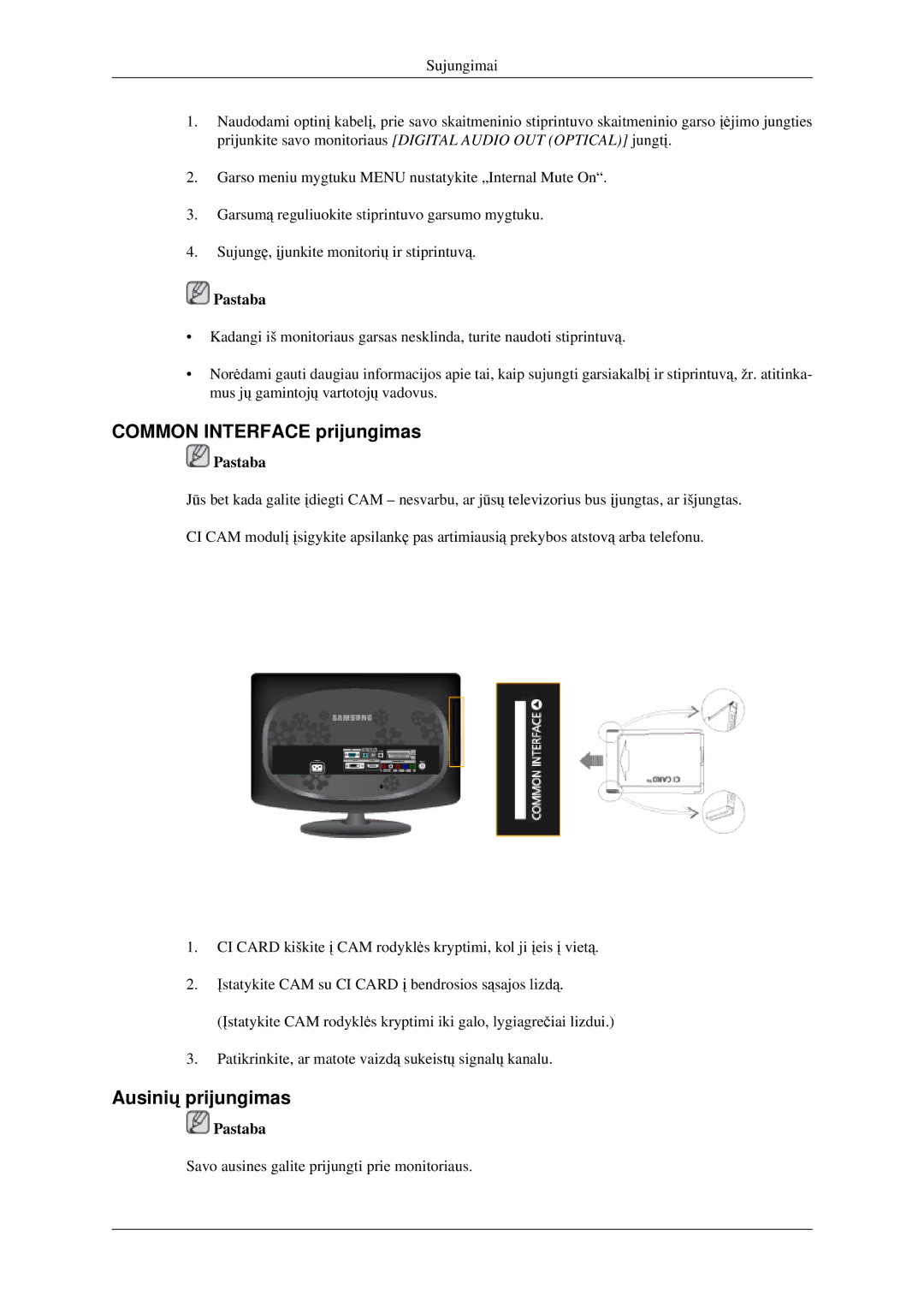 Samsung LS23CFVKF/EN, LS23CFEKF/EN manual Common Interface prijungimas, Ausinių prijungimas 