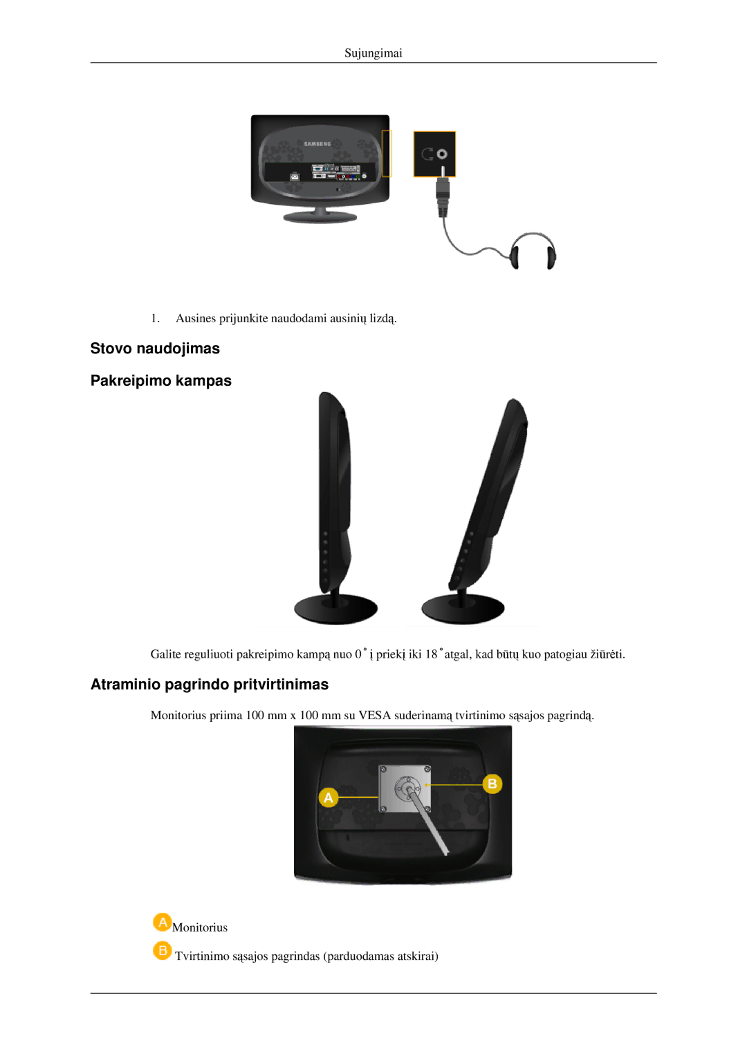 Samsung LS23CFEKF/EN, LS23CFVKF/EN manual Stovo naudojimas Pakreipimo kampas, Atraminio pagrindo pritvirtinimas 