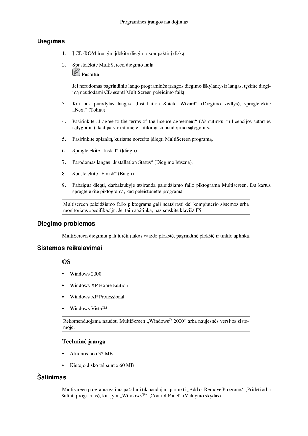 Samsung LS23CFEKF/EN, LS23CFVKF/EN manual Diegimo problemos, Sistemos reikalavimai, Šalinimas 