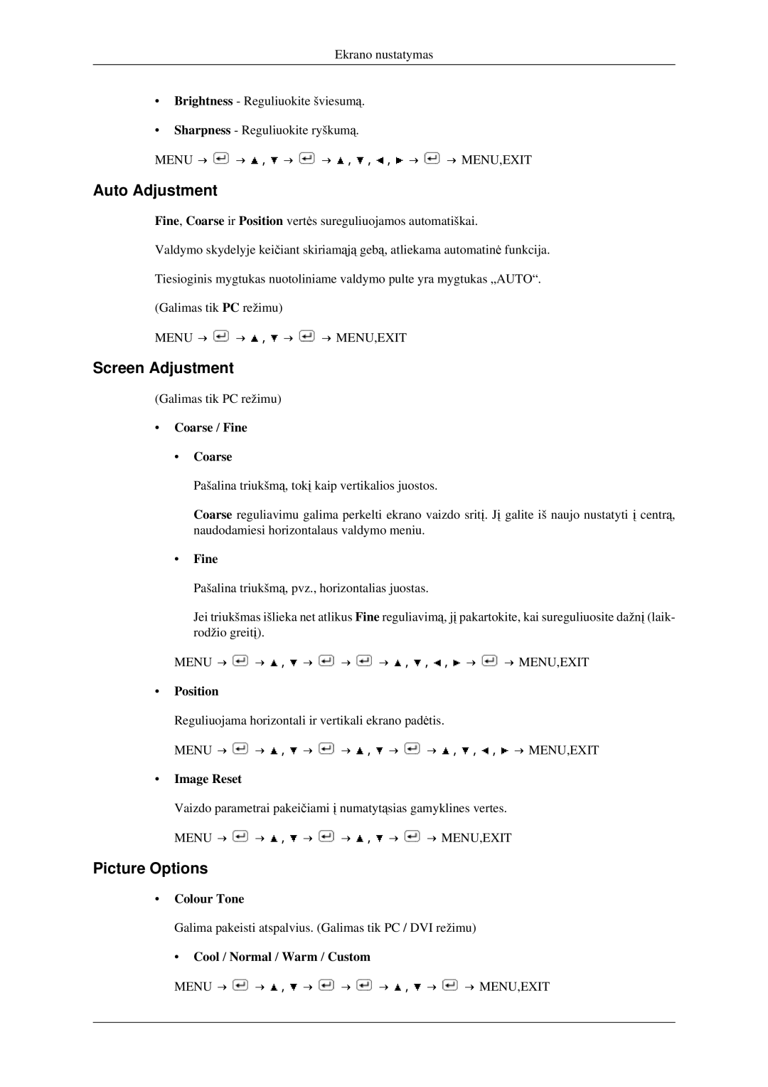 Samsung LS23CFVKF/EN, LS23CFEKF/EN manual Auto Adjustment, Screen Adjustment, Picture Options 