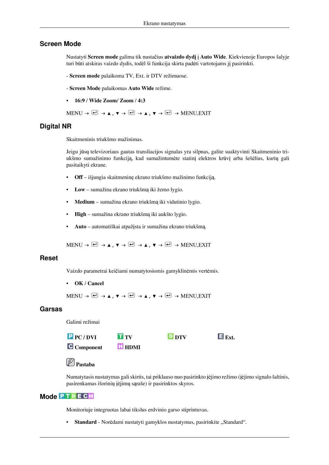 Samsung LS23CFEKF/EN, LS23CFVKF/EN manual Screen Mode, Digital NR, Garsas, Galimi režimai 