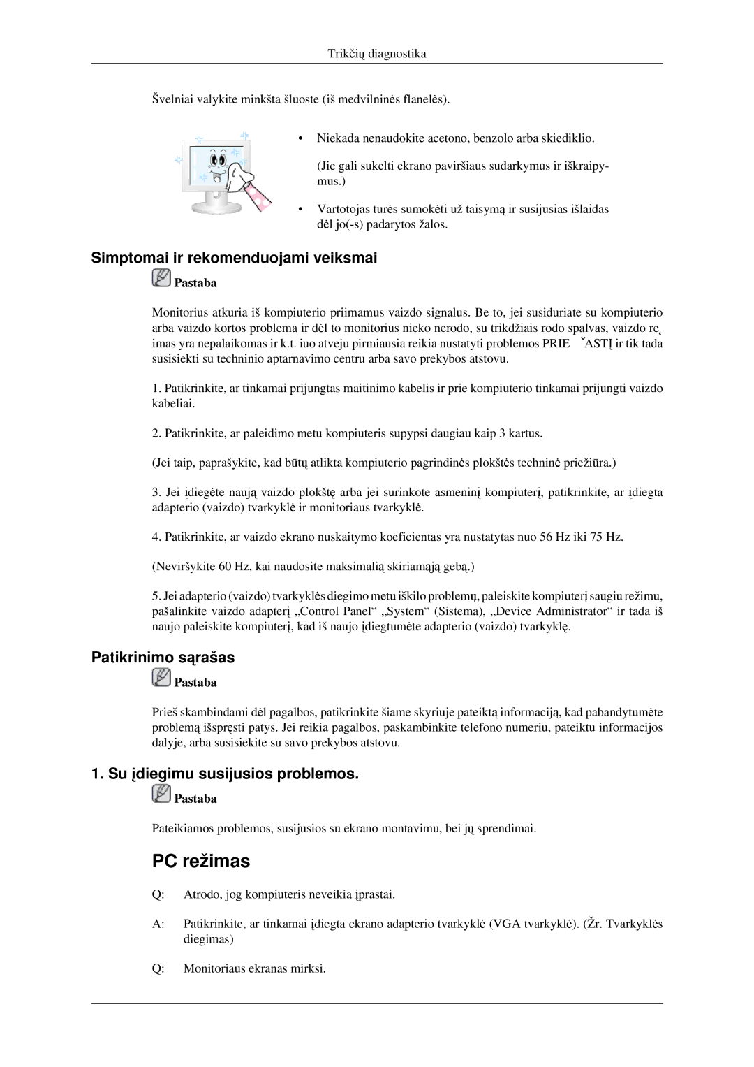 Samsung LS23CFEKF/EN manual Simptomai ir rekomenduojami veiksmai, Patikrinimo sąrašas, Su įdiegimu susijusios problemos 