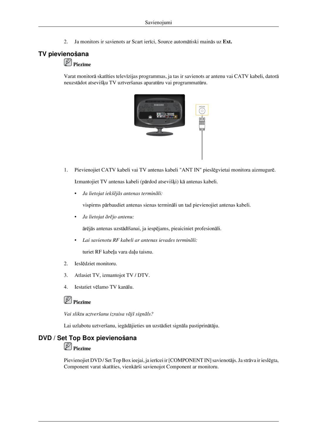 Samsung LS23CFEKF/EN, LS23CFVKF/EN manual TV pievienošana, DVD / Set Top Box pievienošana 