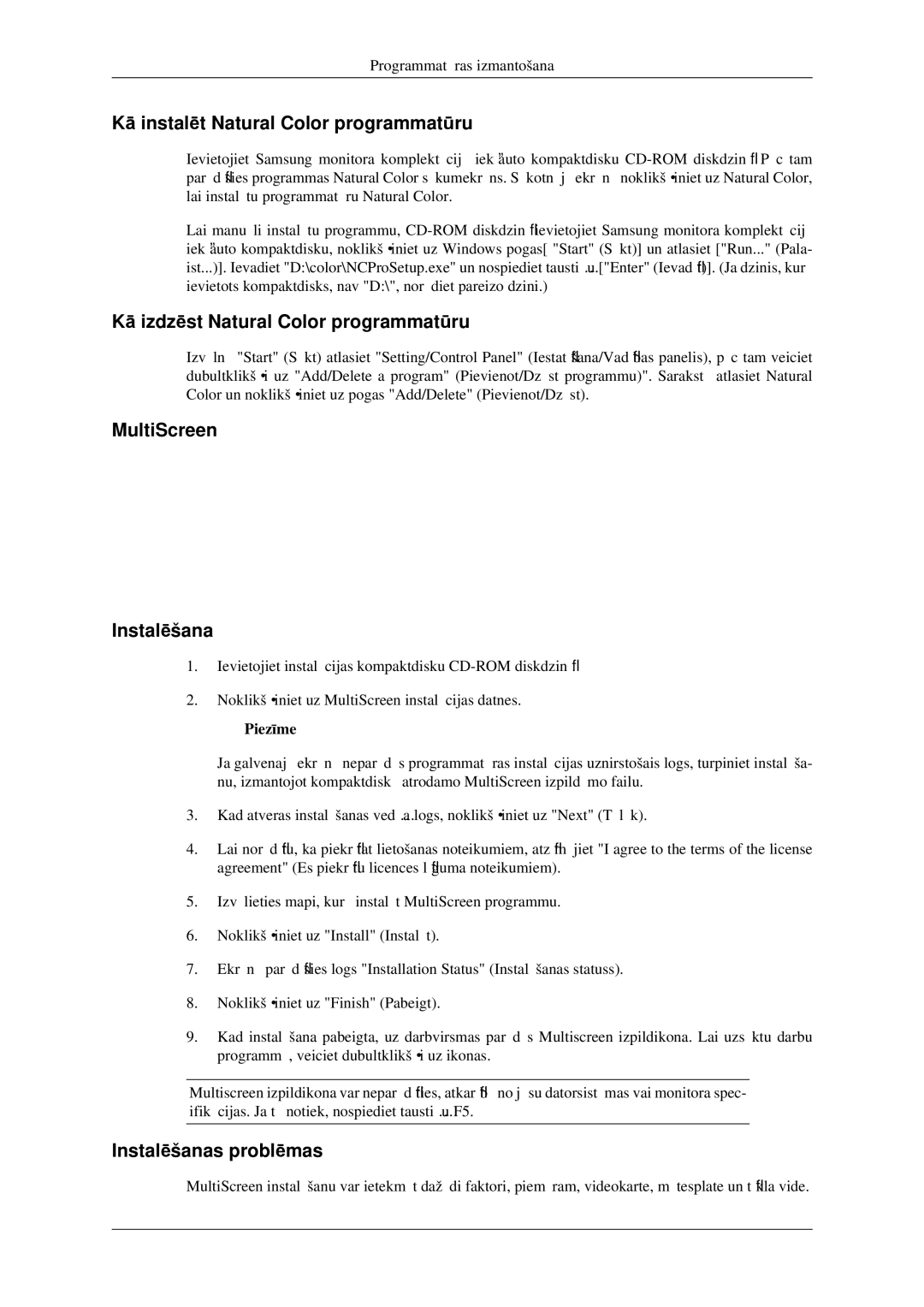 Samsung LS23CFVKF/EN, LS23CFEKF/EN manual Kā instalēt Natural Color programmatūru, Kā izdzēst Natural Color programmatūru 