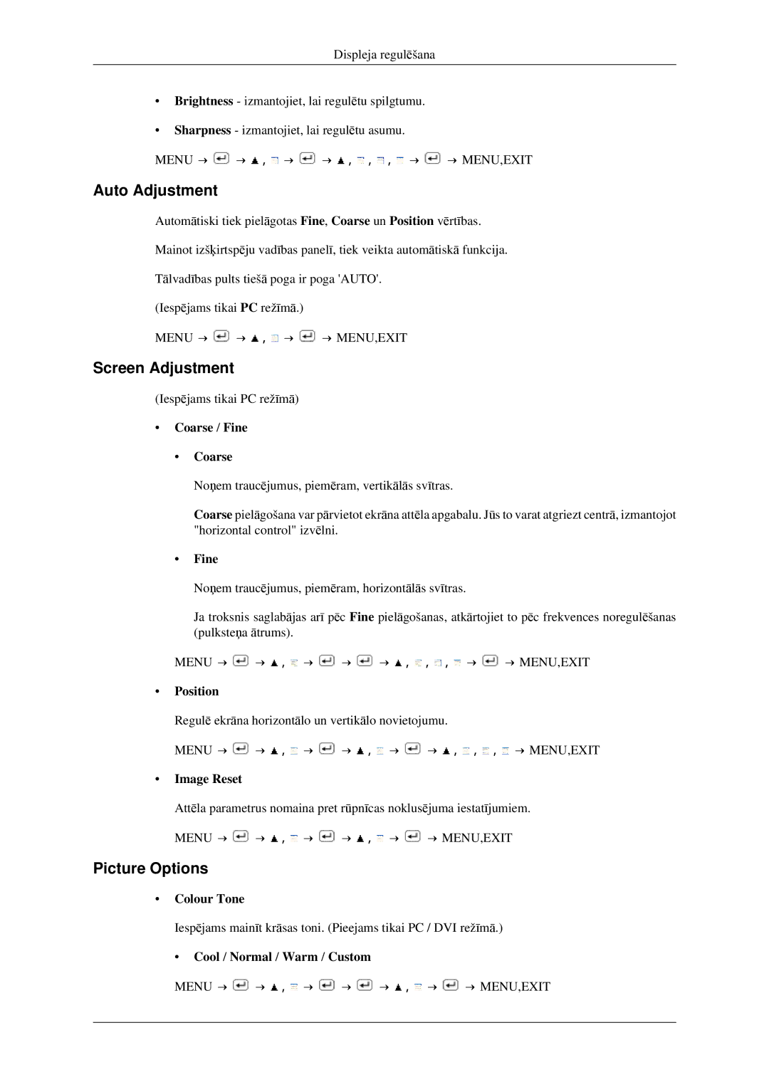 Samsung LS23CFEKF/EN, LS23CFVKF/EN manual Auto Adjustment, Screen Adjustment, Picture Options 