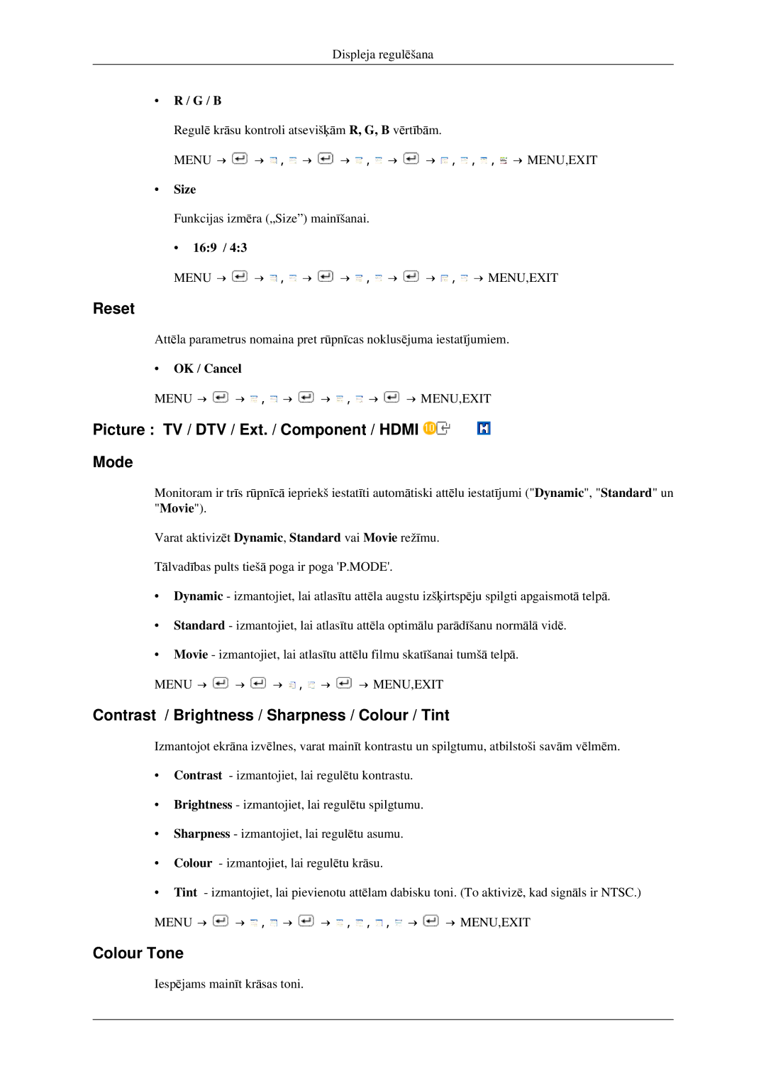 Samsung LS23CFVKF/EN, LS23CFEKF/EN manual Reset, Picture TV / DTV / Ext. / Component / Hdmi Mode, Colour Tone 