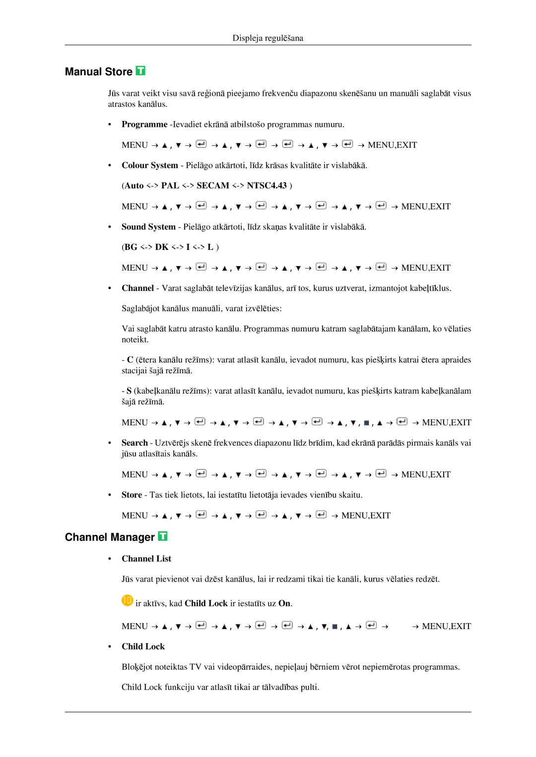 Samsung LS23CFVKF/EN, LS23CFEKF/EN manual Manual Store, Channel Manager, Channel List, Child Lock 