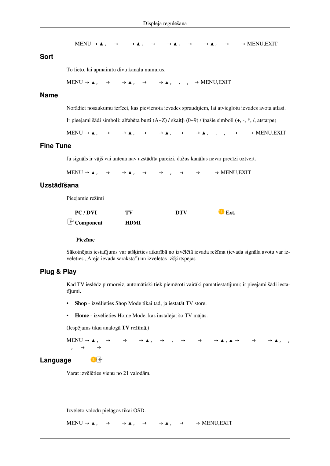 Samsung LS23CFEKF/EN, LS23CFVKF/EN manual Sort, Name, Fine Tune, Uzstādīšana, Plug & Play, Language 