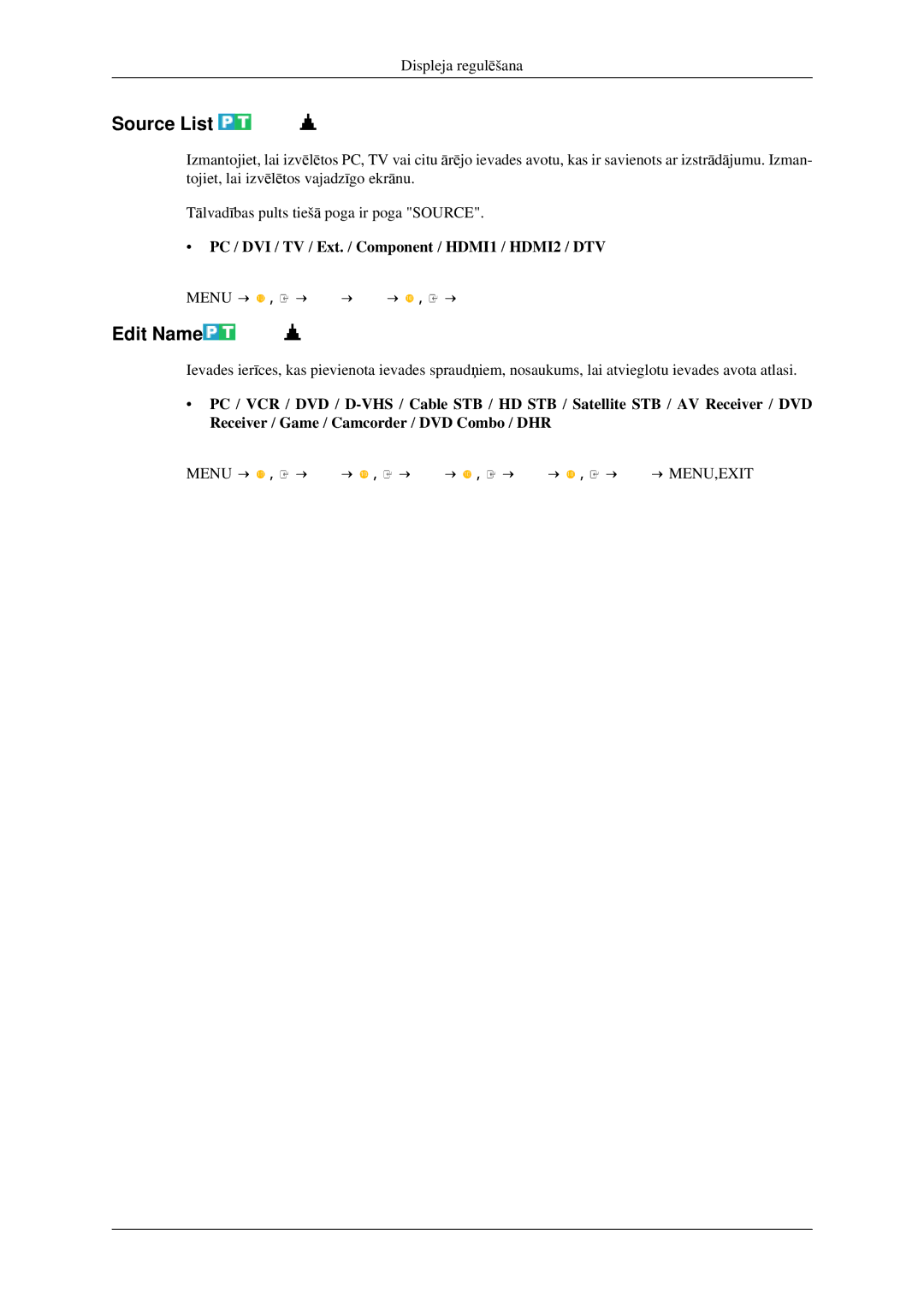 Samsung LS23CFVKF/EN, LS23CFEKF/EN manual Source List, Edit Name, PC / DVI / TV / Ext. / Component / HDMI1 / HDMI2 / DTV 