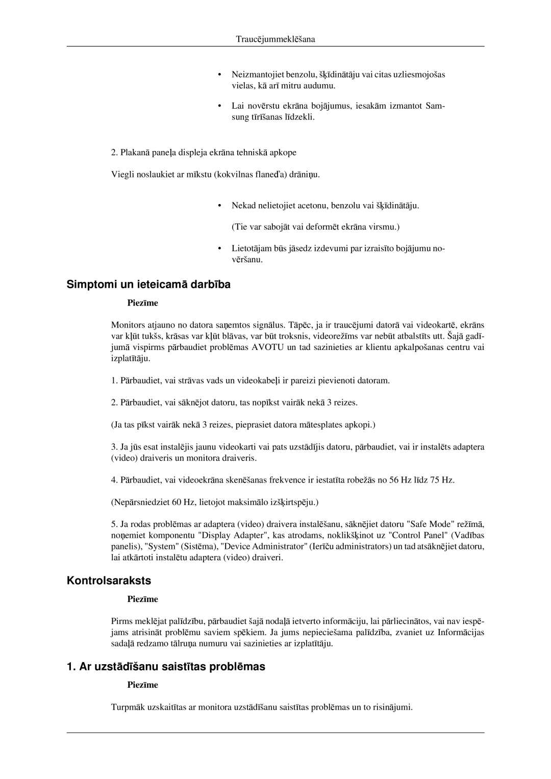 Samsung LS23CFVKF/EN, LS23CFEKF/EN manual Simptomi un ieteicamā darbība, Kontrolsaraksts, Ar uzstādīšanu saistītas problēmas 